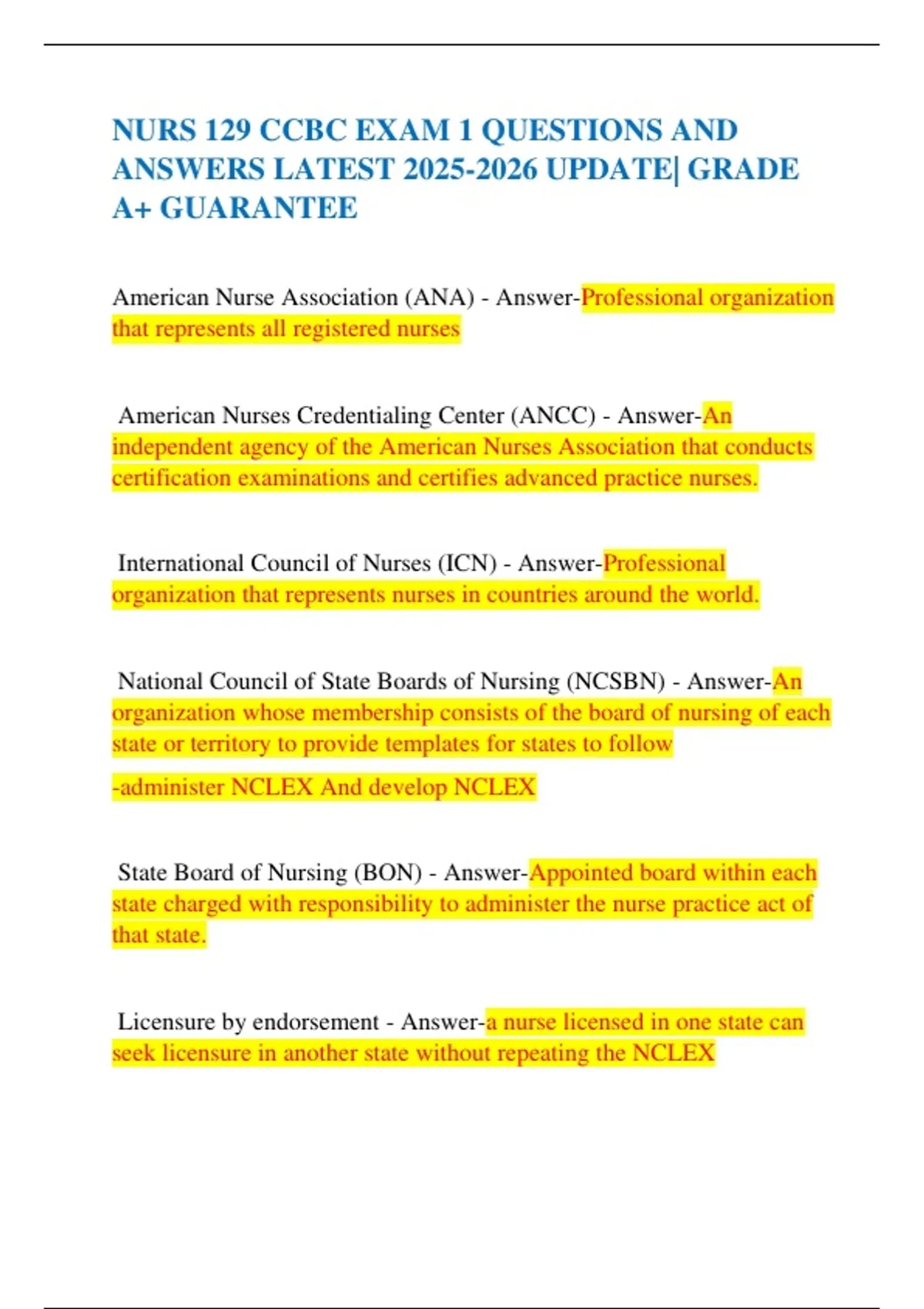 Ccbc Course NURS 129 CCBC EXAM 1 QUESTIONS AND ANSWERS LATEST UPDATE| GRADE A+ ...