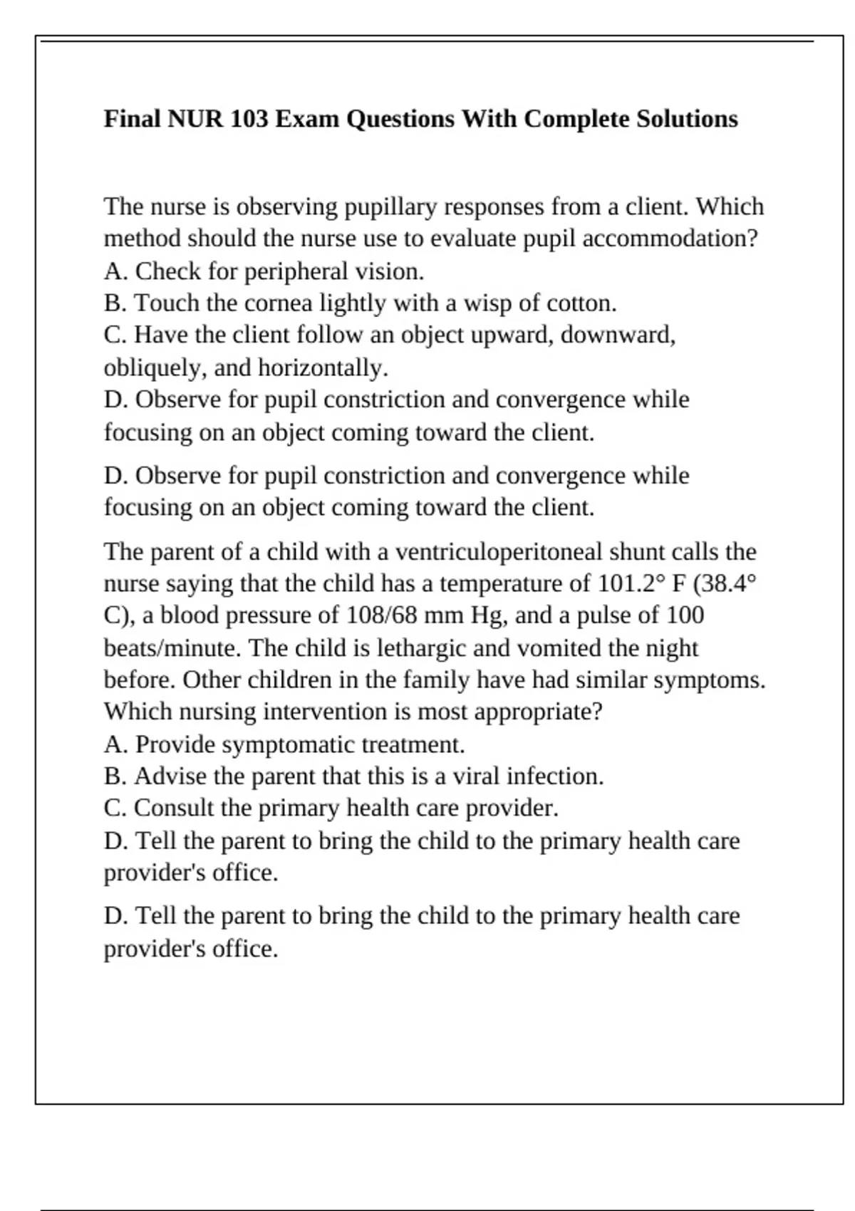 Final NUR 103 Exam Questions With Complete Solutions - NUR 103 - Stuvia US