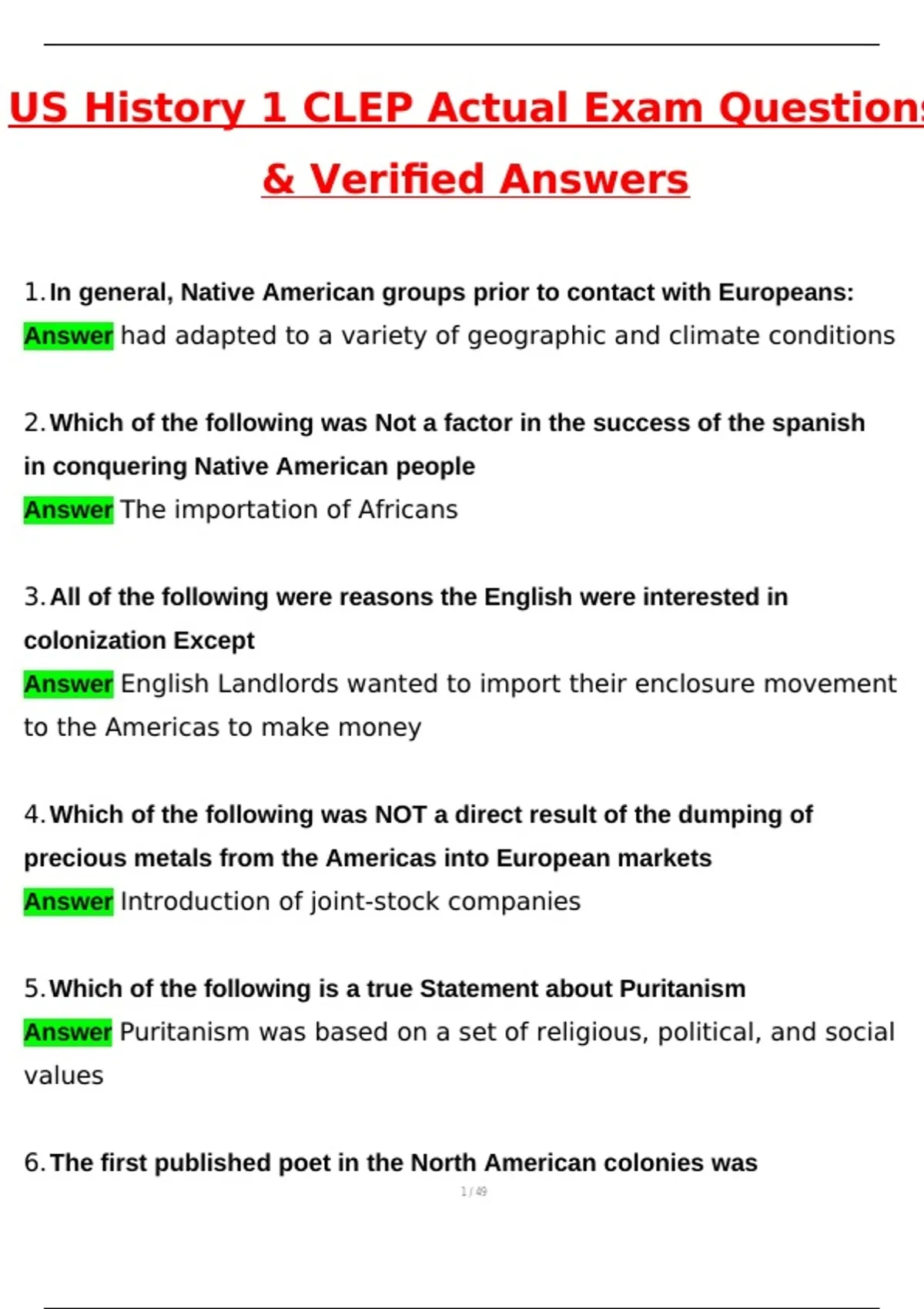 US History 1 CLEP Test Latest 2025 Actual Questions and Verified ...