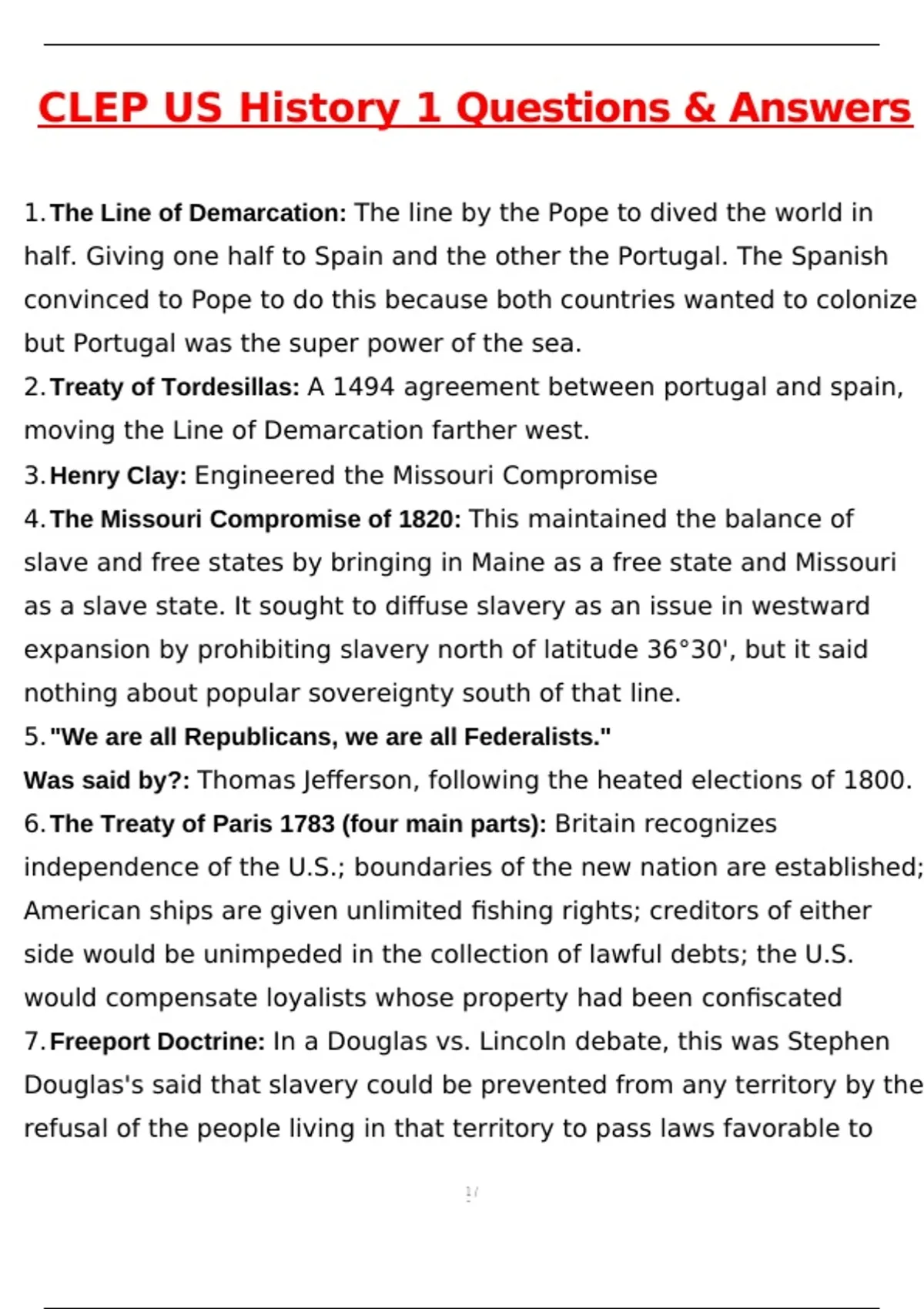 US History 1 CLEP Exam Latest 2025 Actual Questions and Verified ...
