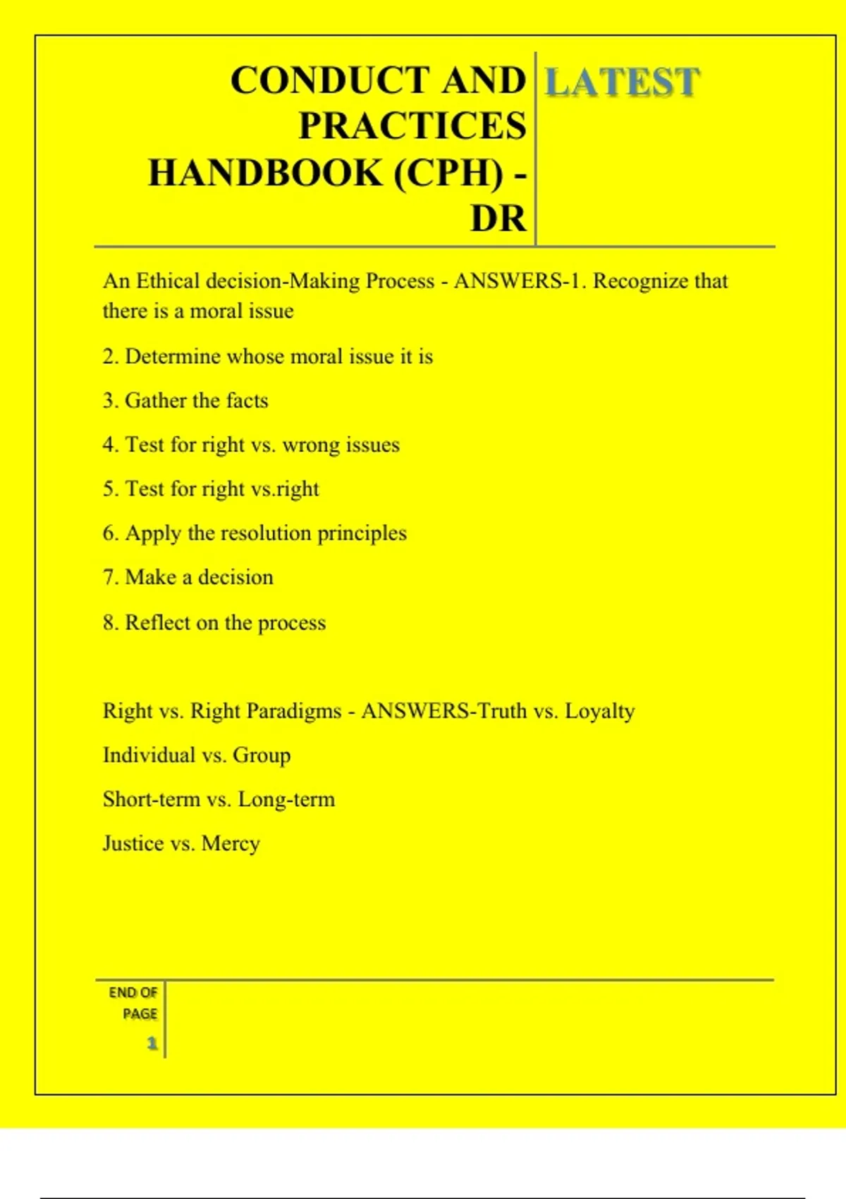 CONDUCT AND PRACTICES HANDBOOK (CPH) - DR QUESTIONS AND ANSWERS 2025 ...