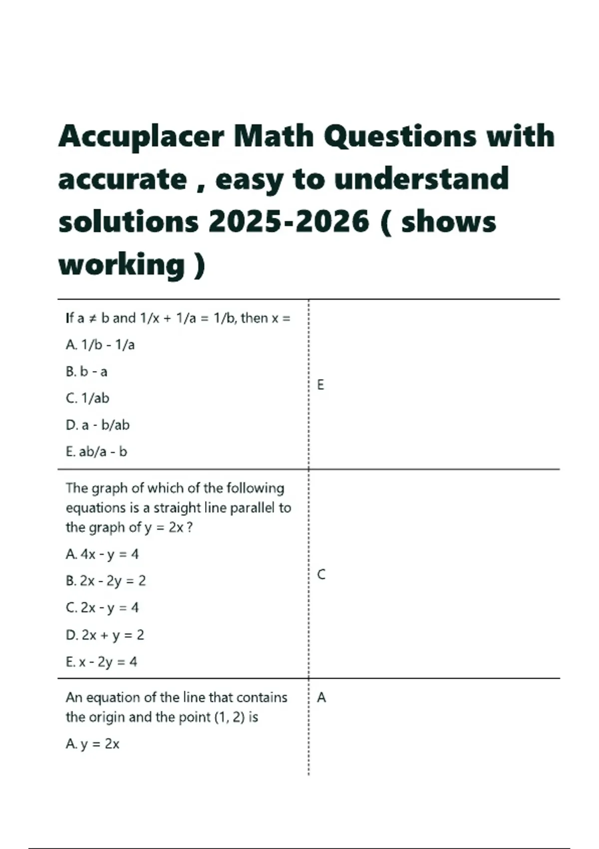 Accuplacer Math Questions with accurate , easy to understand solutions ...