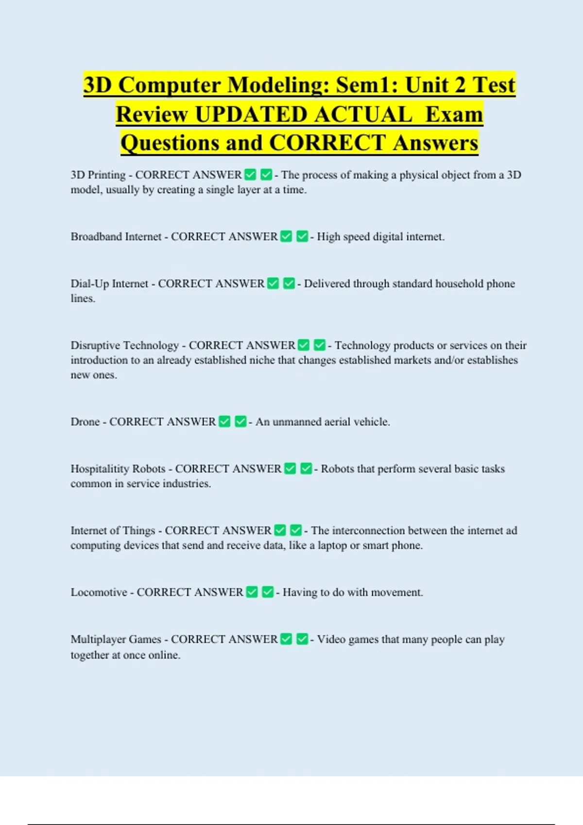 3D Computer Modeling: Sem1: Unit 2 Test Review UPDATED ACTUAL Exam ...