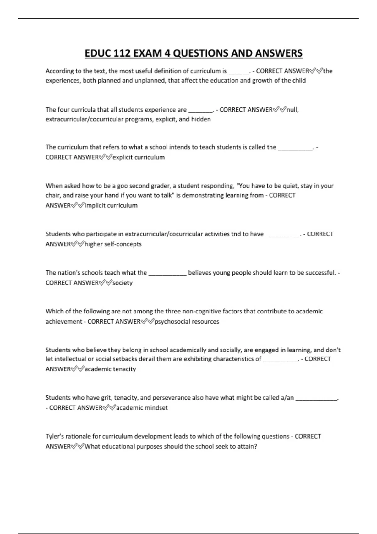 EDUC 112 EXAM 4 QUESTIONS AND ANSWERS - EDUC 112 - Stuvia US