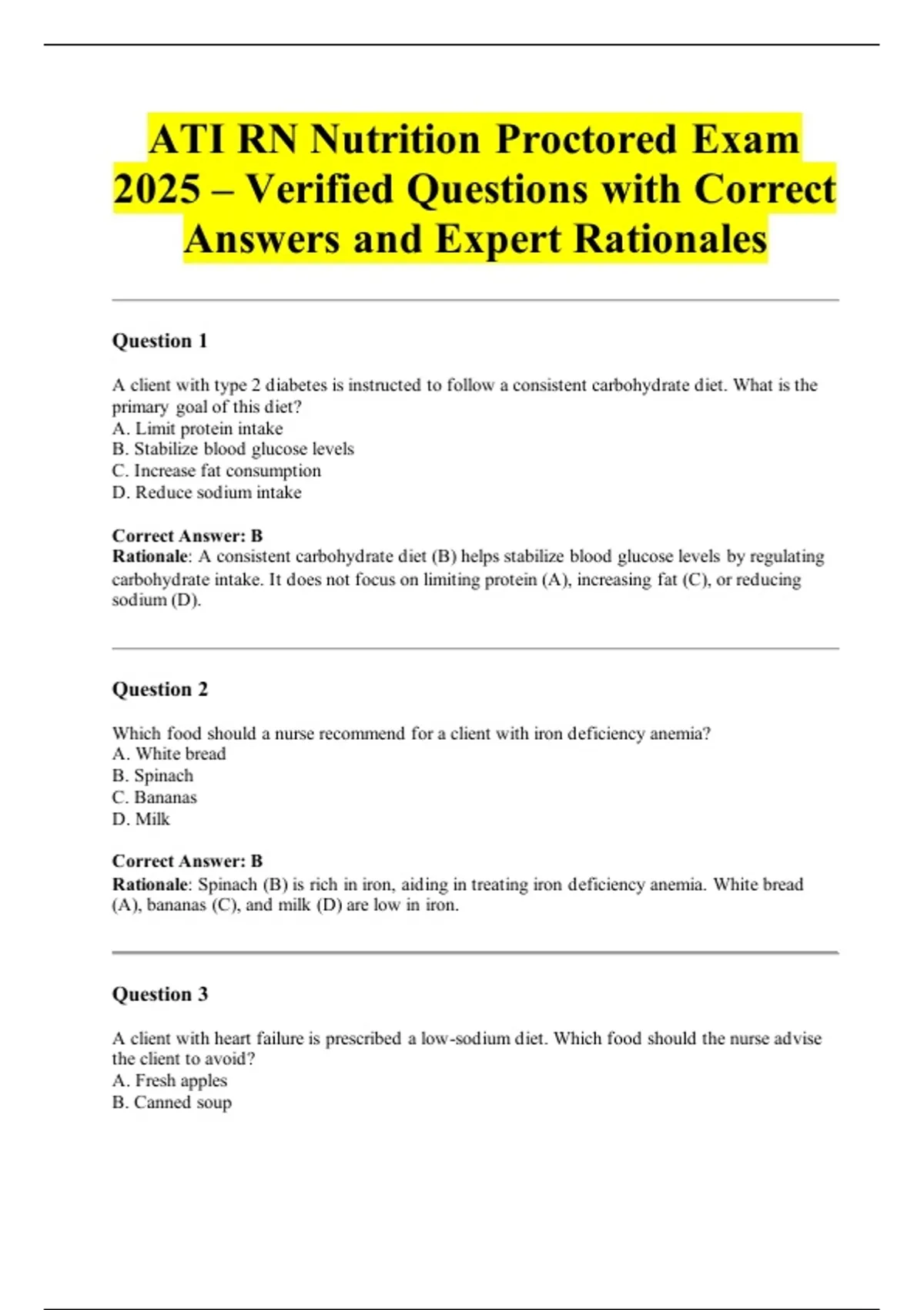 ATI RN Nutrition Proctored Exam 2025 – Verified Questions with Correct ...