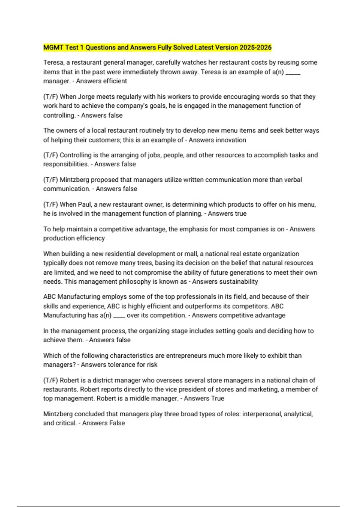 MGMT Test 1 Questions and Answers Fully Solved Latest Version - MGMT ...