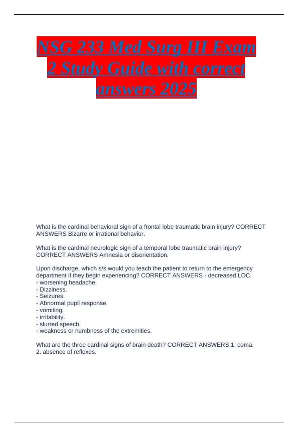 NSG 233 Med Surg III Exam 2 Study Guide with correct answers 2025 - NSG ...