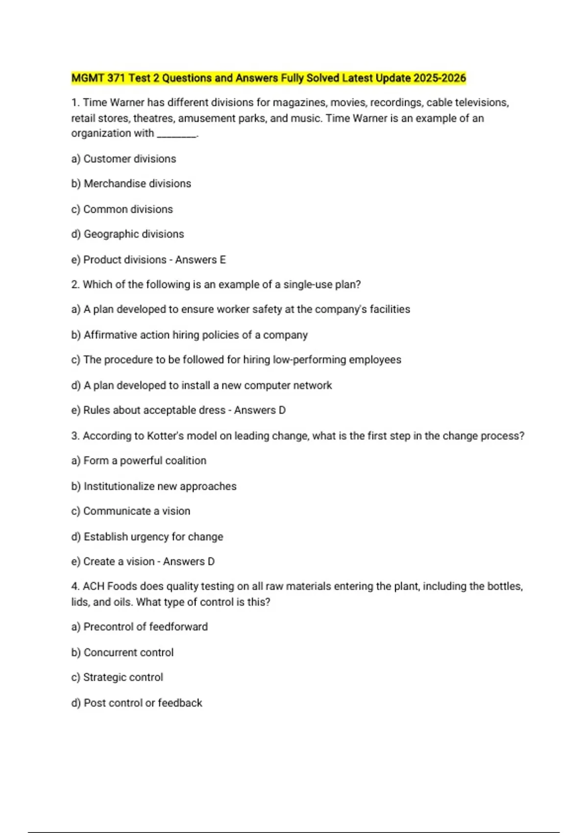 MGMT 371 Test 2 Questions and Answers Fully Solved Latest Update - MGMT ...
