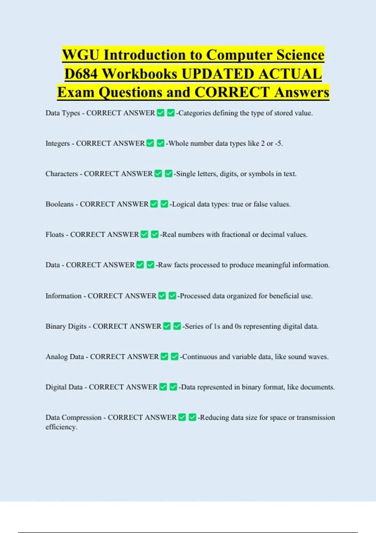 WGU Introduction to Computer Science D684 Workbooks UPDATED ACTUAL Exam ...