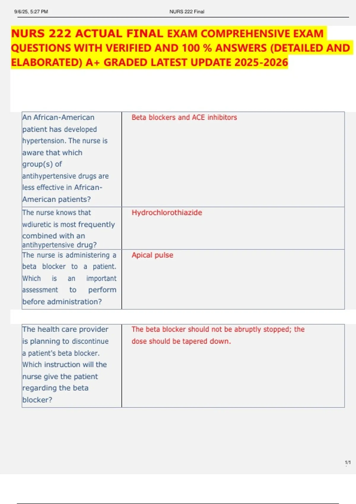 NURS 222 ACTUAL FINAL EXAM COMPREHENSIVE EXAM QUESTIONS WITH VERIFIED ...