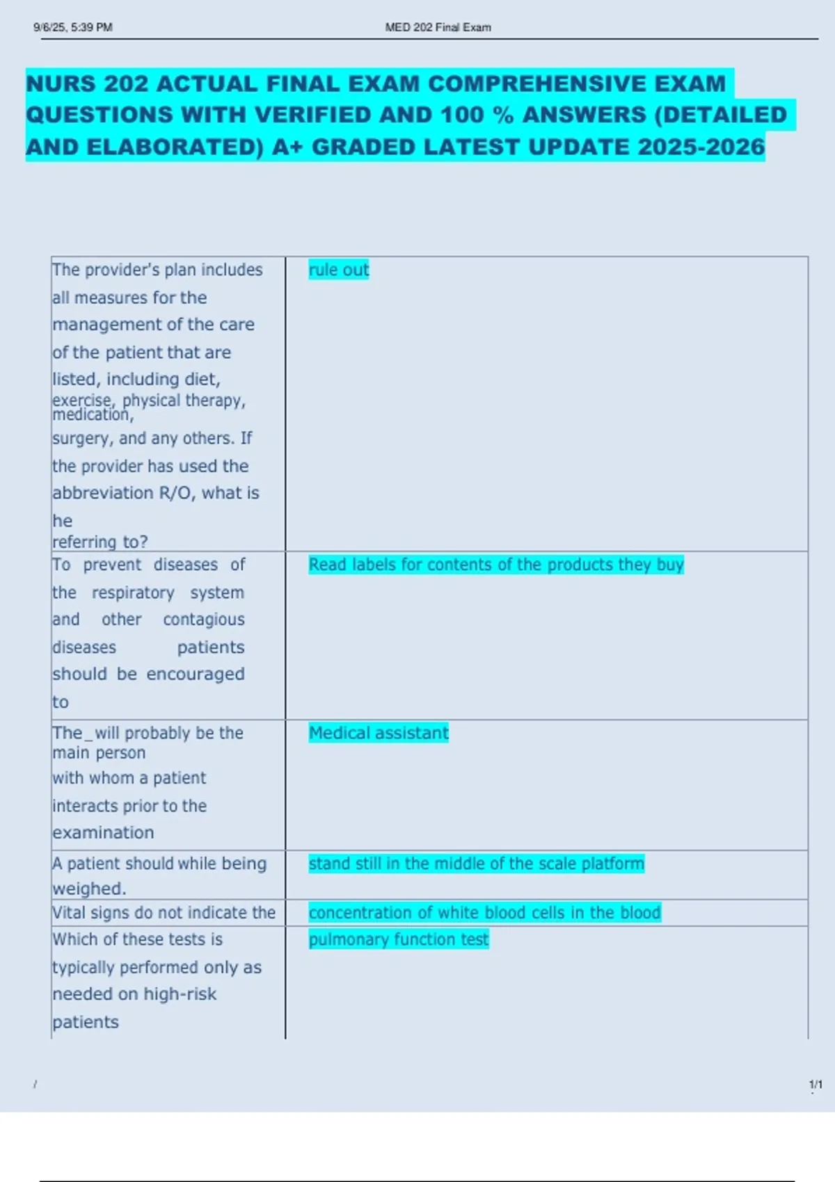 NURS 202 ACTUAL FINAL EXAM COMPREHENSIVE EXAM QUESTIONS WITH VERIFIED ...