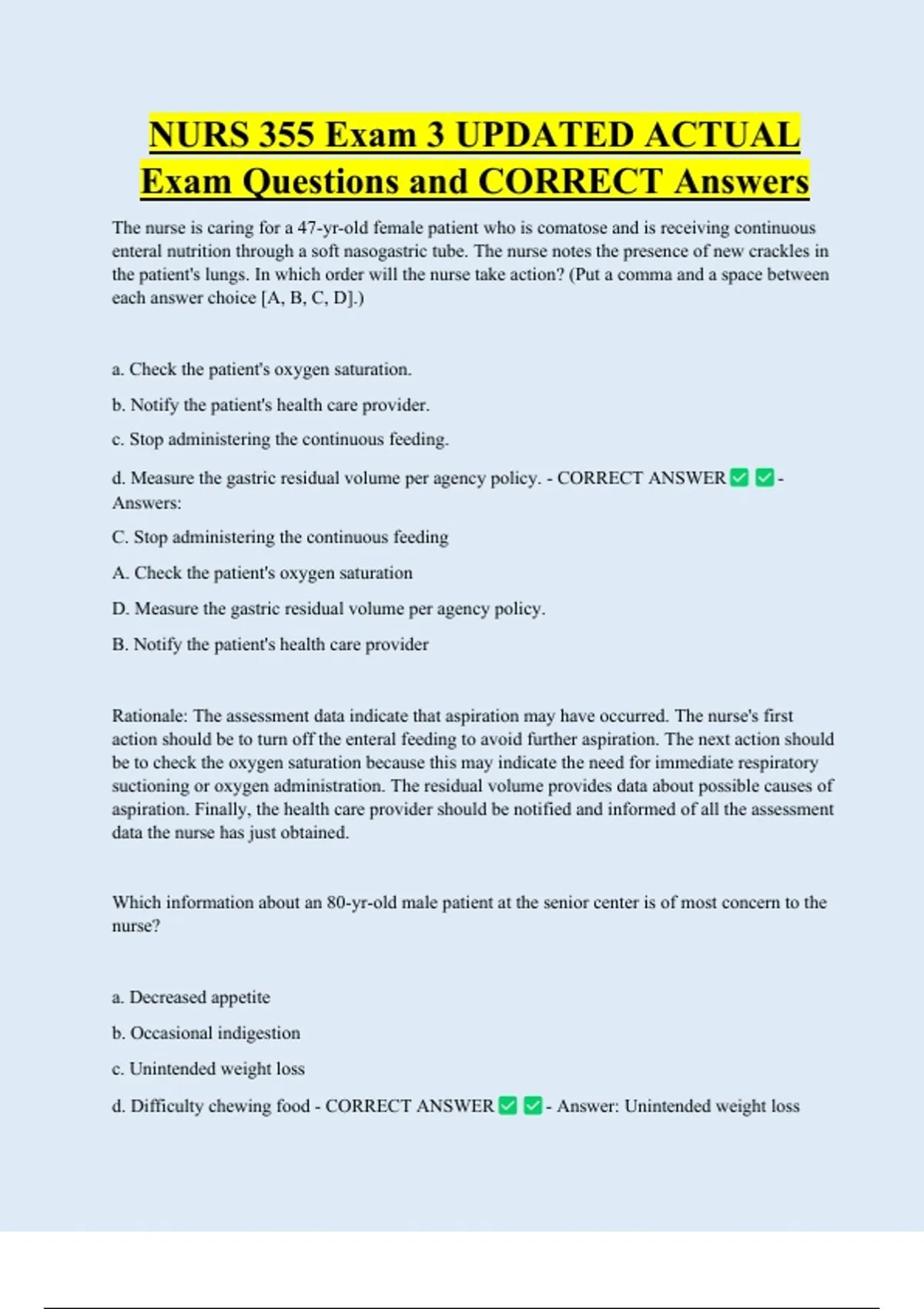 NURS 355 Exam 3 UPDATED ACTUAL Exam Questions and CORRECT Answers - NUR ...