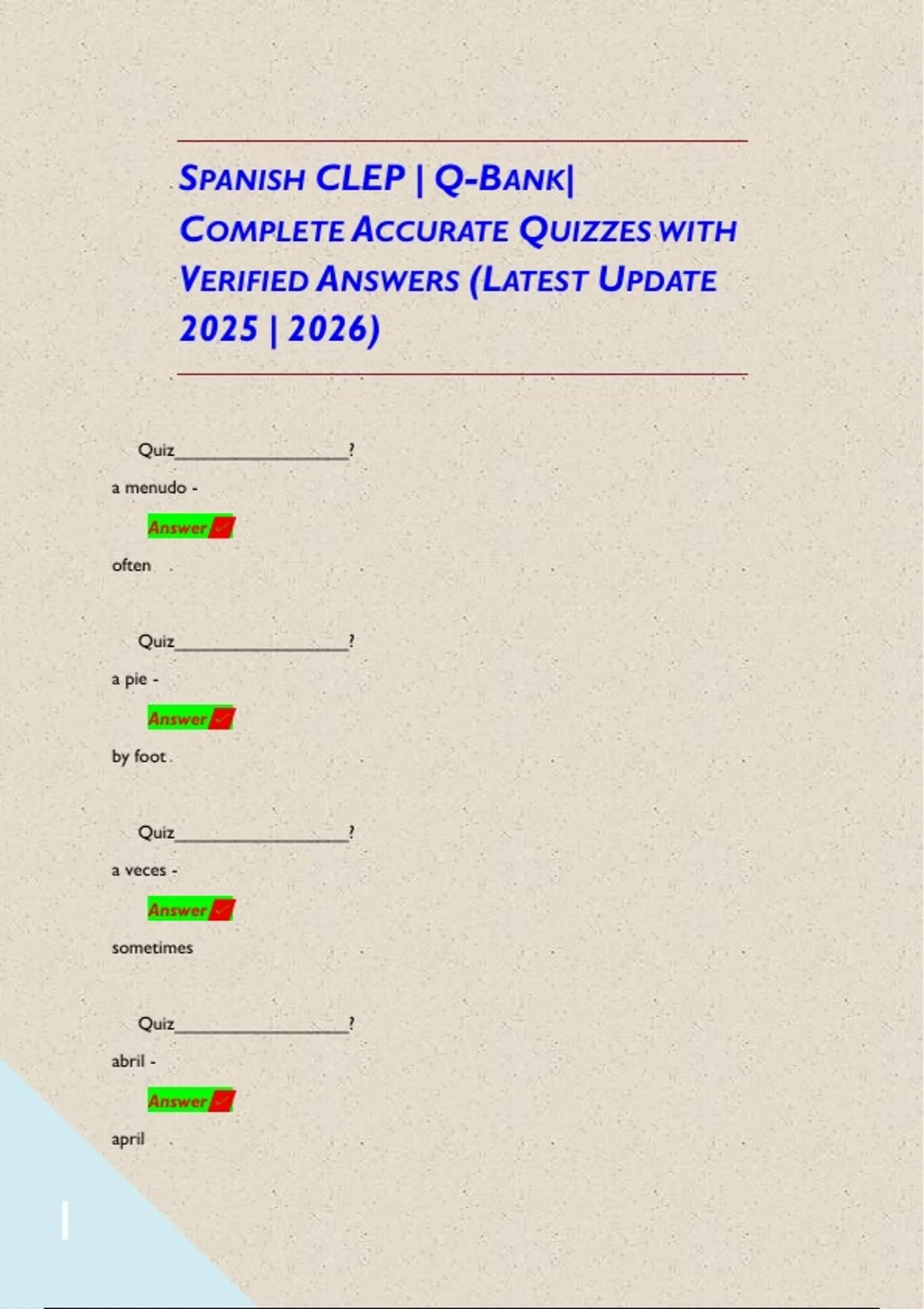 SPANISH CLEP | Q-BANK| COMPLETE ACCURATE QUIZZES WITH VERIFIED ANSWERS ...