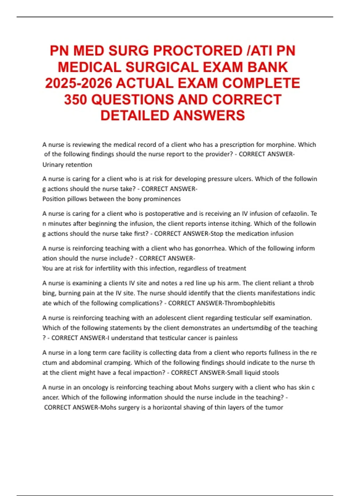 PN MED SURG PROCTORED ATI PN MEDICAL SURGICAL EXAM BANK ACTUAL EXAM ...