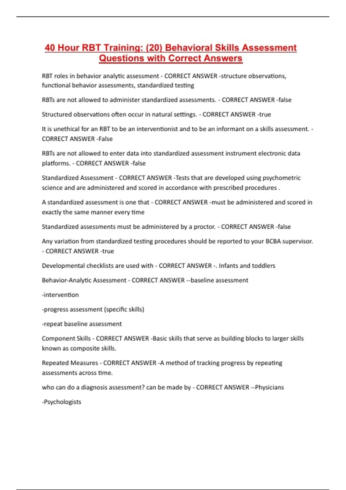 40 Hour RBT Training: (20) Behavioral Skills Assessment Questions with ...