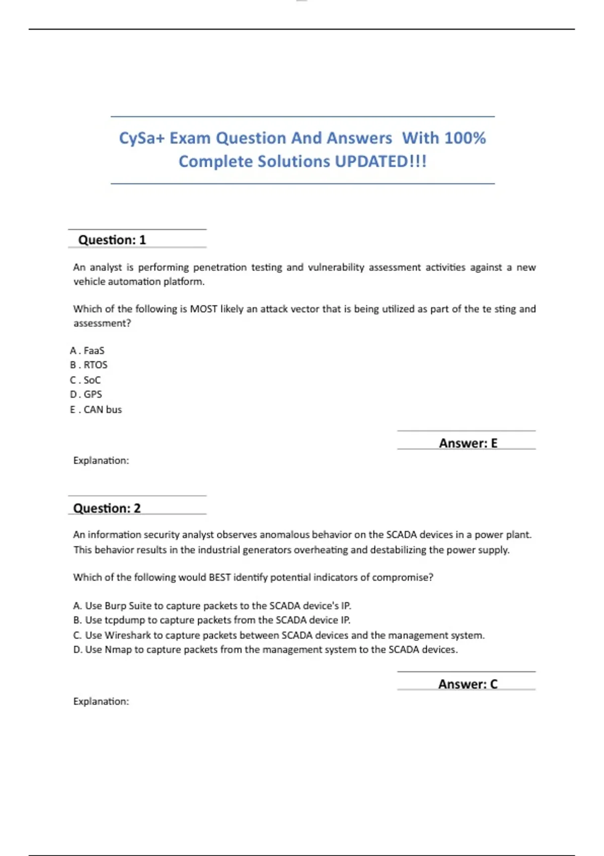 CySa+ Exam Question And Answers With 100% Complete Solutions UPDATED ...