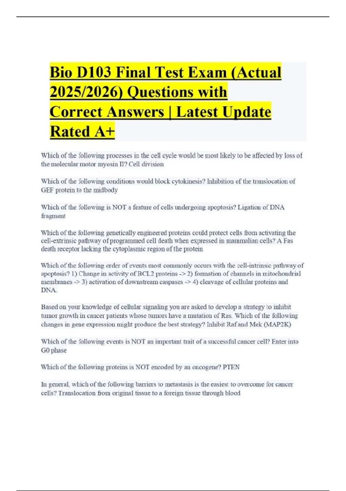 Bio D103 Final Test Exam (Actual 2025/2026) Questions with Correct ...