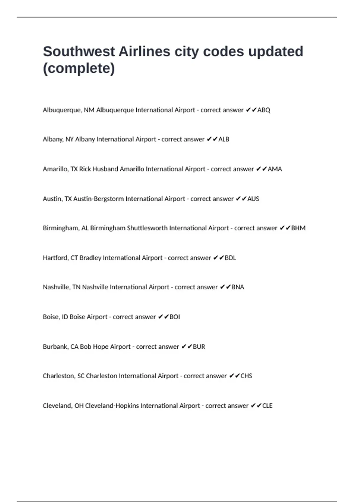 Southwest Airlines city codes updated (complete) - Southwest Airlines