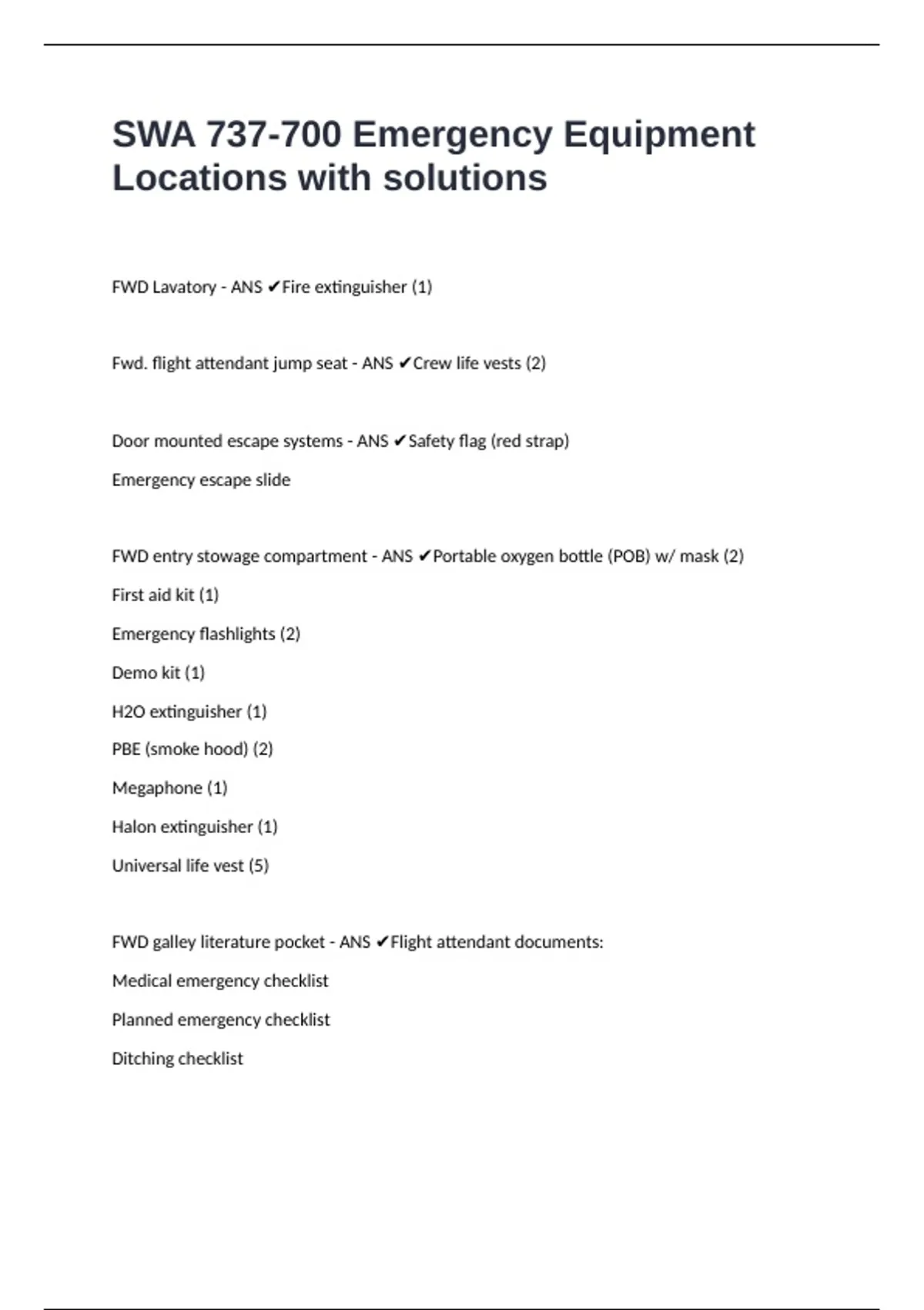 SWA 737-700 Emergency Equipment Locations with solutions - Southwest ...
