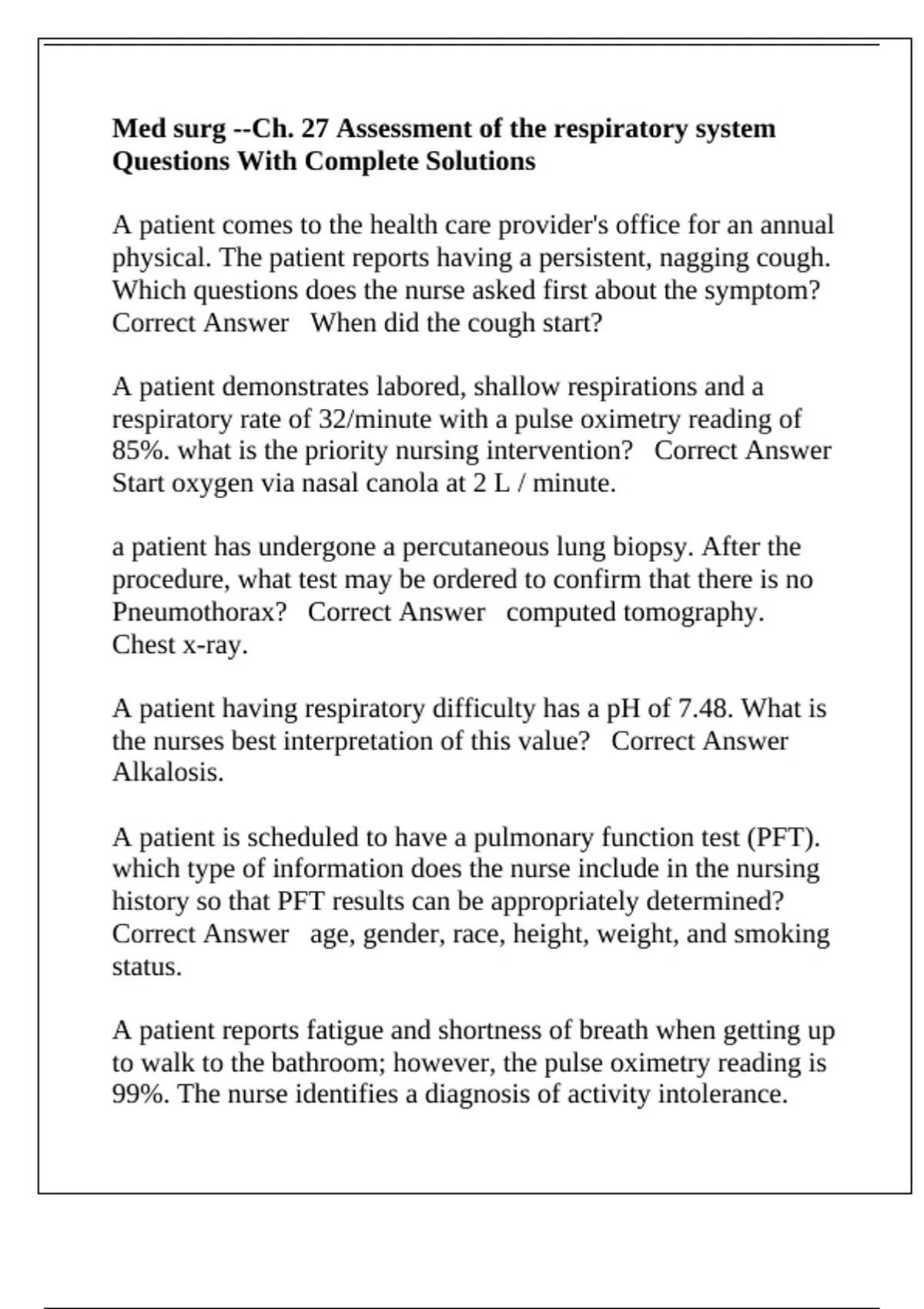 Med surg --Ch. 27 Assessment of the respiratory system Questions With ...