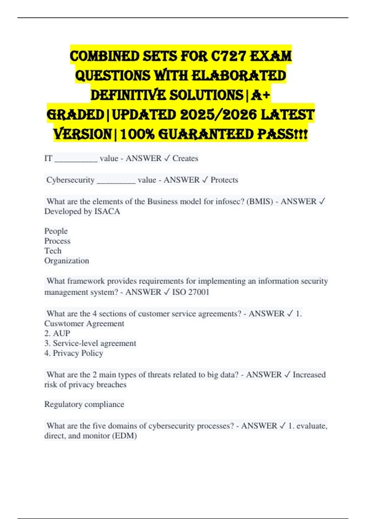 Combined Sets for C727 EXAM QUESTIONS WITH ELABORATED DEFINITIVE ...