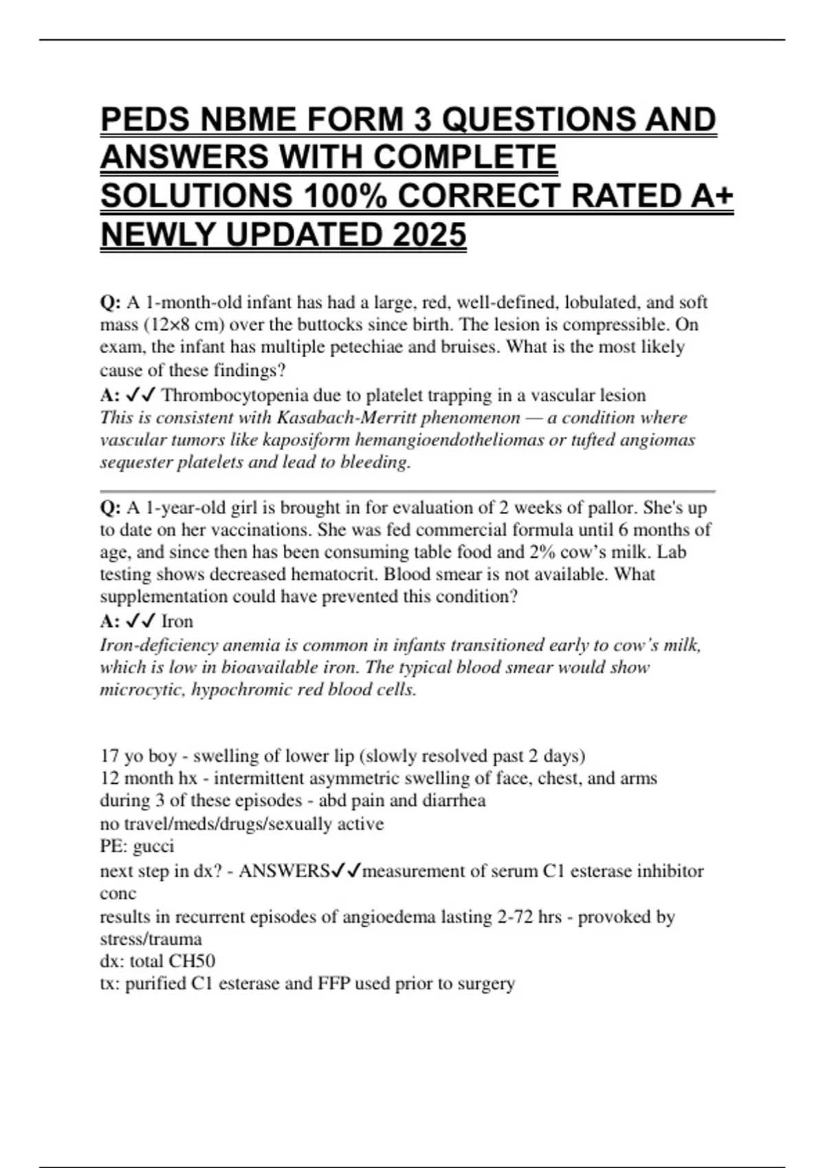 PEDS NBME FORM 3 QUESTIONS AND ANSWERS WITH COMPLETE SOLUTIONS 100% ...