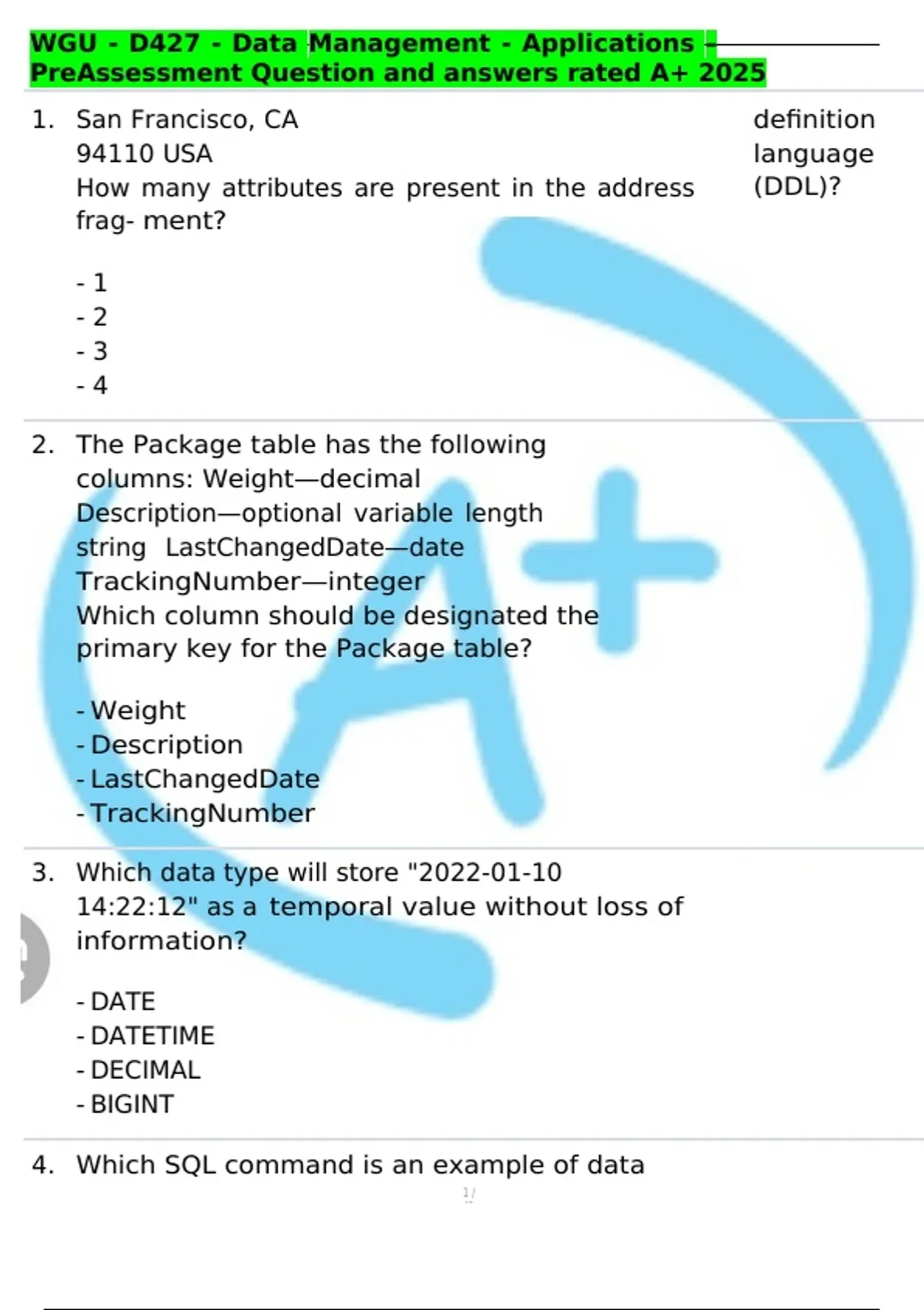 WGU - D427 - Data Management - Applications – PreAssessment Question ...