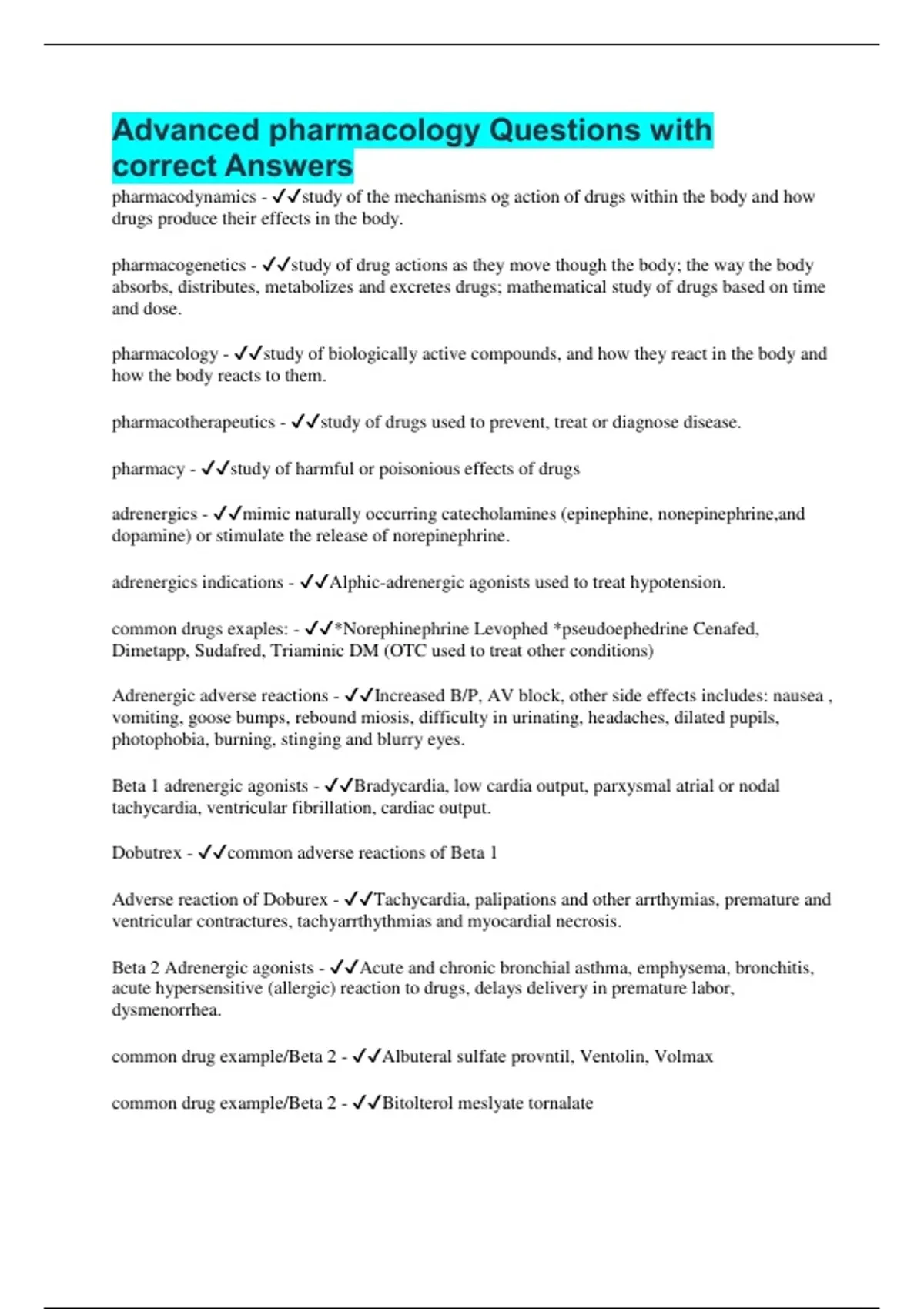 Advanced pharmacology Questions with correct Answers - Advanced ...