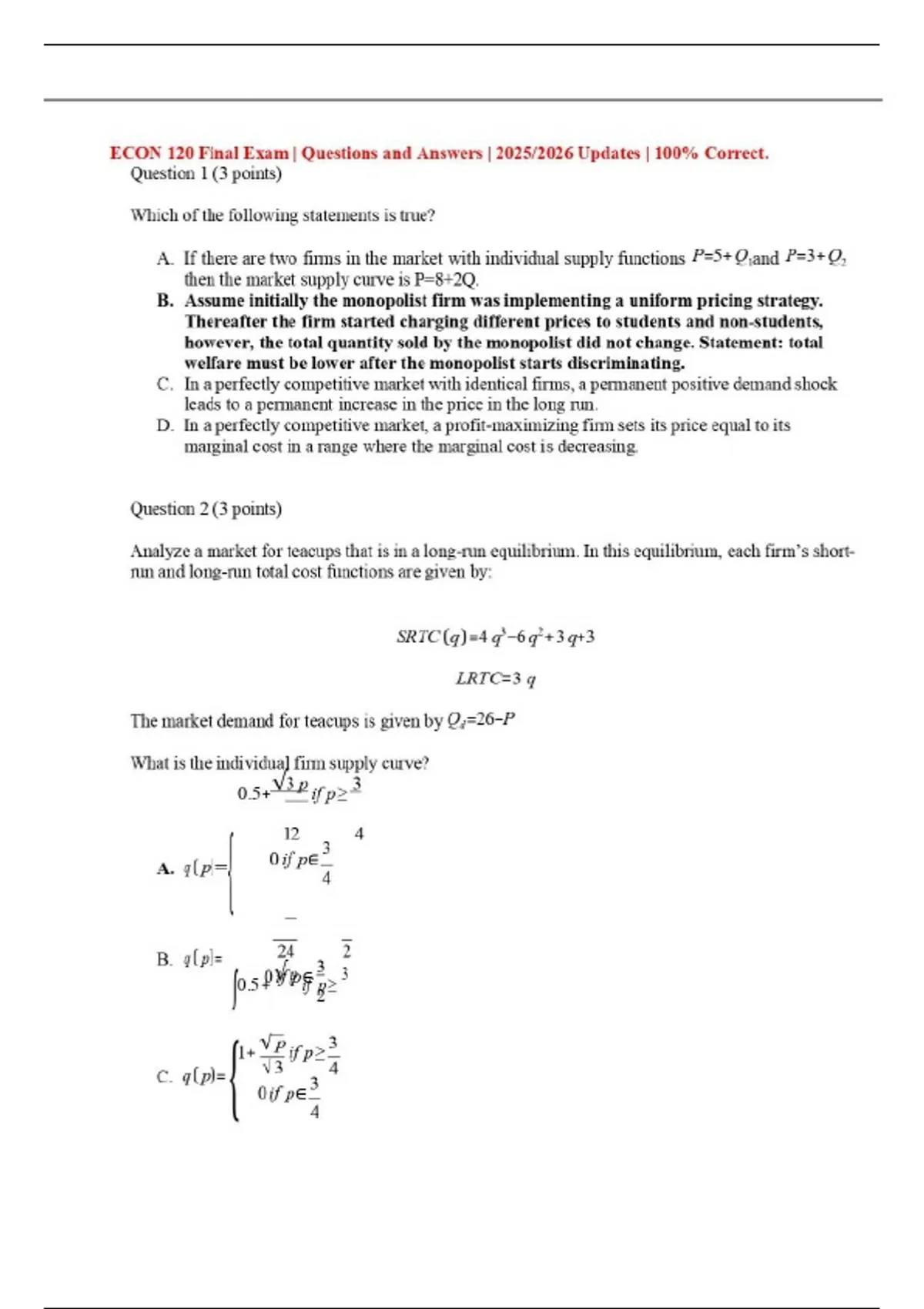 ECON 120 Final Exam | Questions and Answers | 2025/2026 Updates | 100% ...