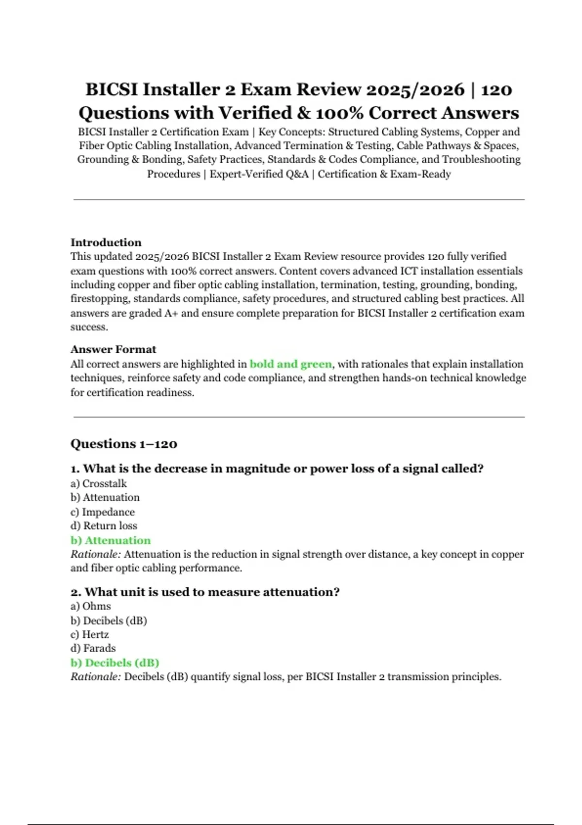 BICSI Installer 2 Exam Review 2025/2026 | Complete Exam with 120 ...