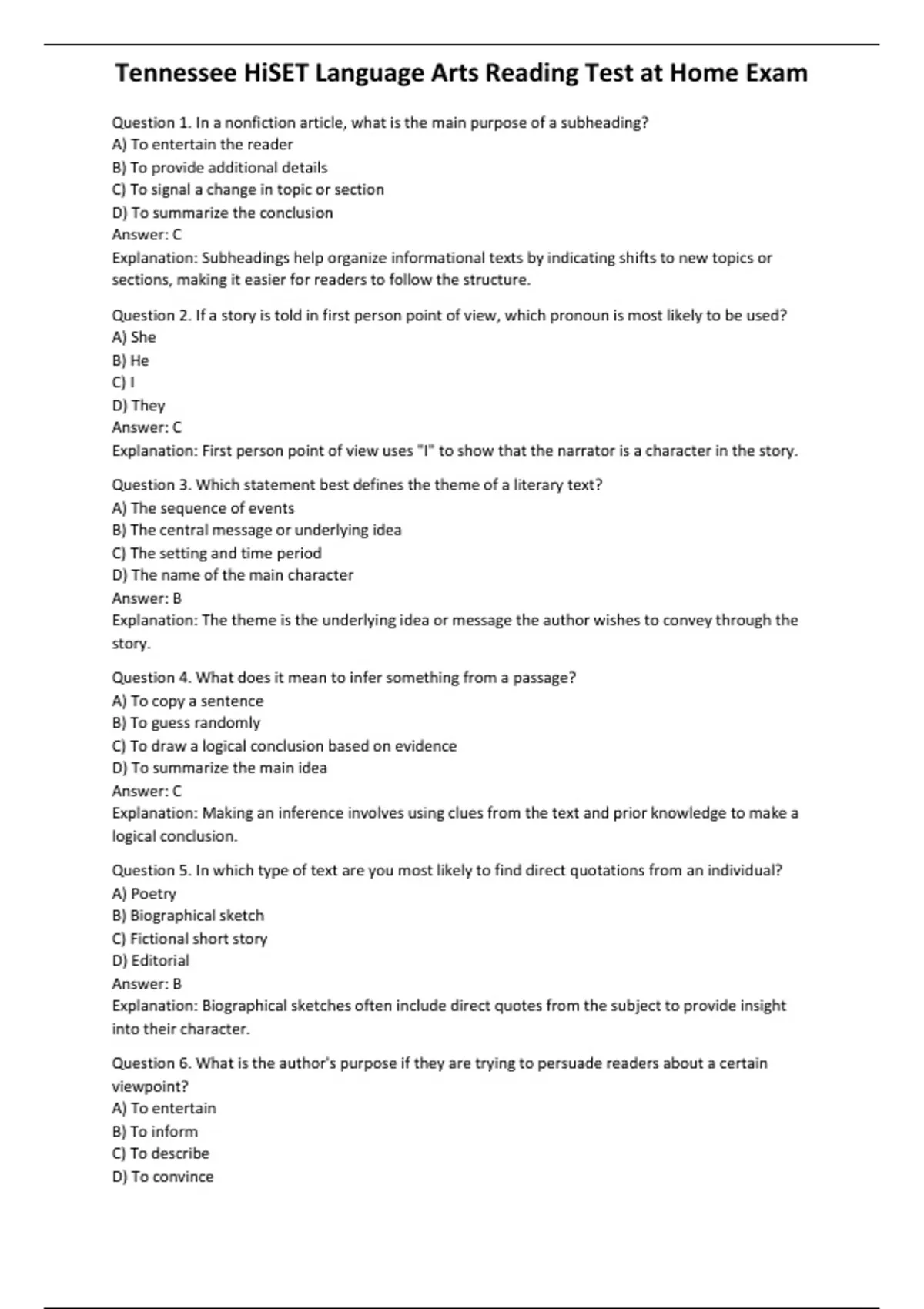 Tennessee HiSET Language Arts Reading Test at Home Exam - Computers ...