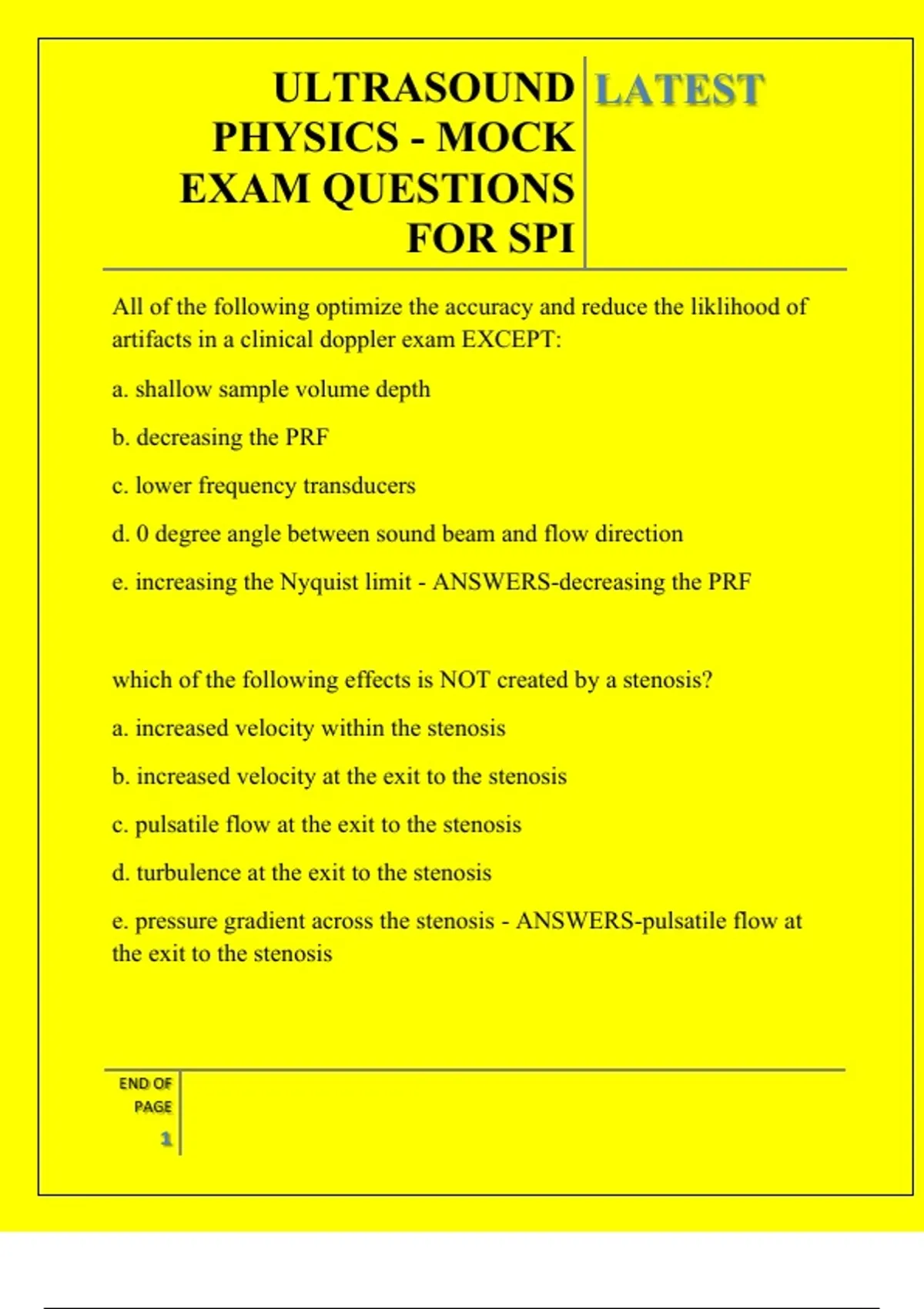 ULTRASOUND PHYSICS - MOCK EXAM QUESTIONS FOR SPI QUESTIONS AND ANSWERS ...