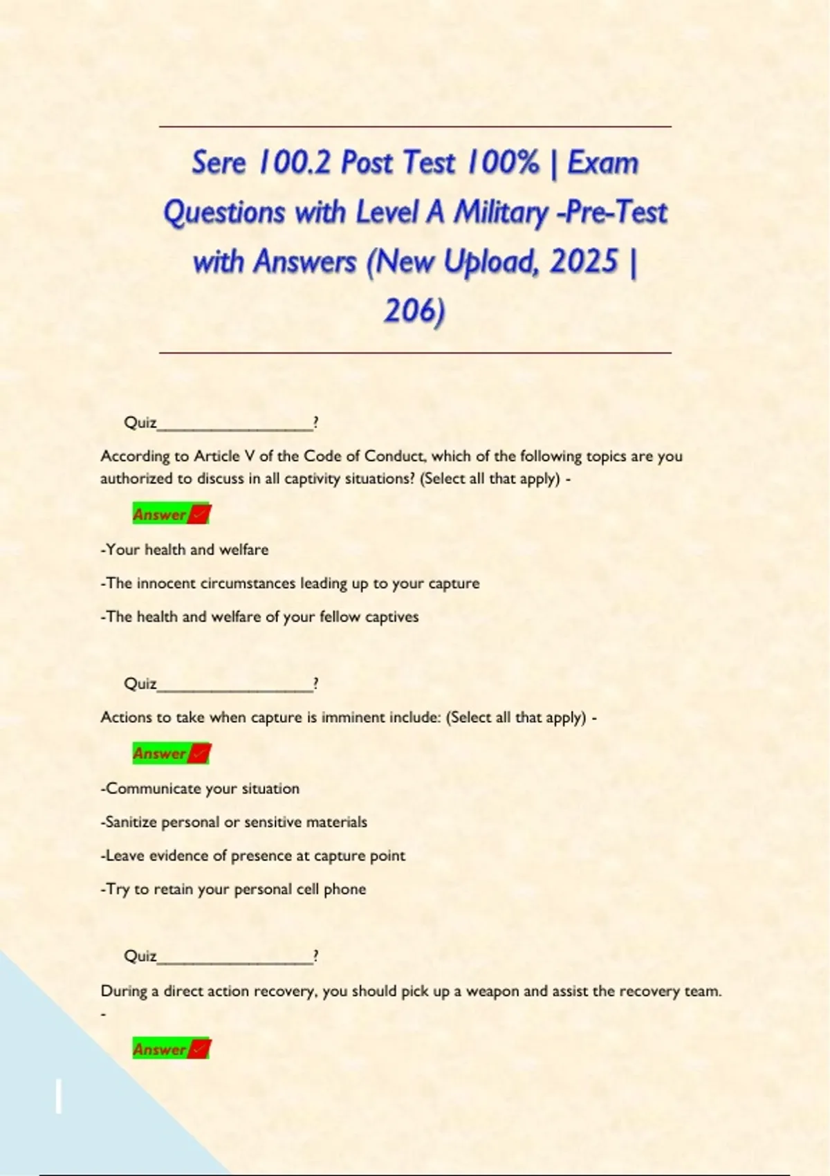 Sere 100.2 Post Test 100 Exam Questions with Level A Military Pre