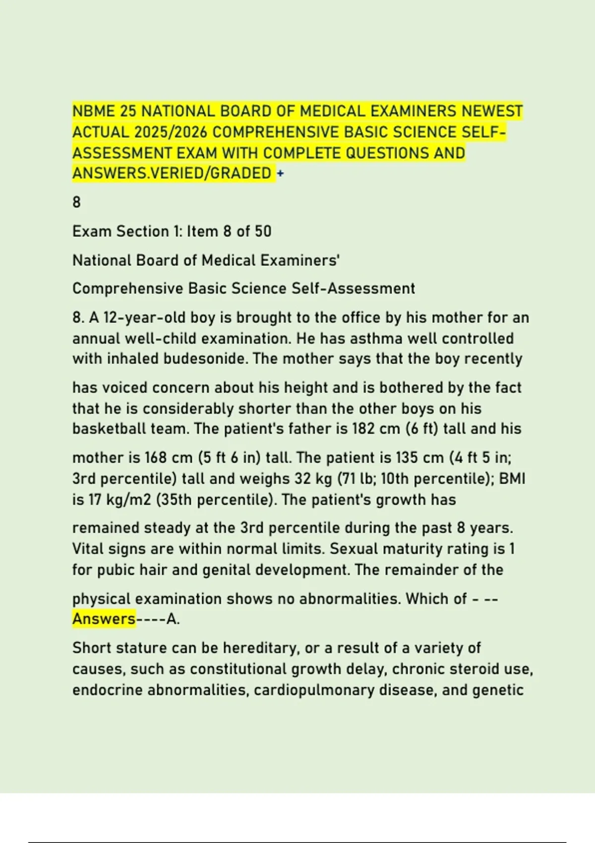 NBME 25 NATIONAL BOARD OF MEDICAL EXAMINERS NEWEST ACTUAL 2025/2026 ...