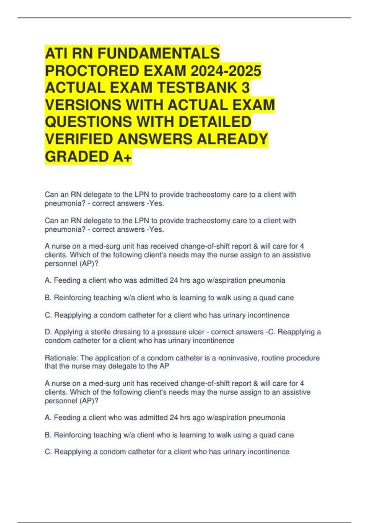 ATI RN FUNDAMENTALS PROCTORED EXAM ACTUAL EXAM TESTBANK 3 VERSIONS WITH ...