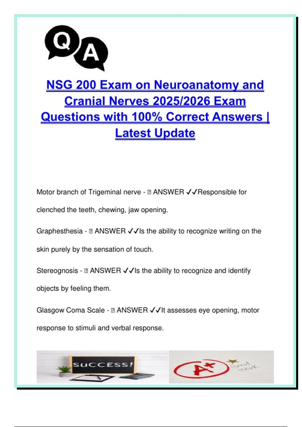 NSG 200 Exam on Neuroanatomy and Cranial Nerves – 2025/2026 | 50 ...