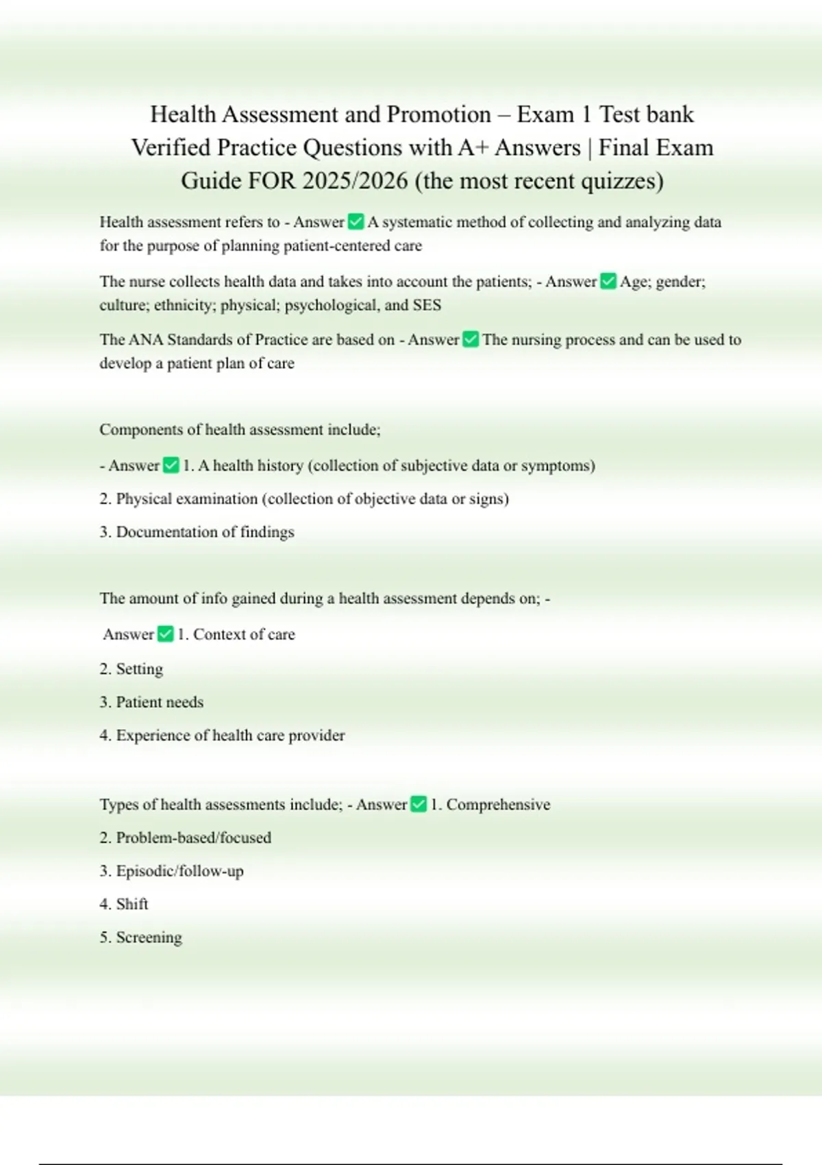 Health Assessment and Promotion – Exam 1 Test bank Verified Practice ...