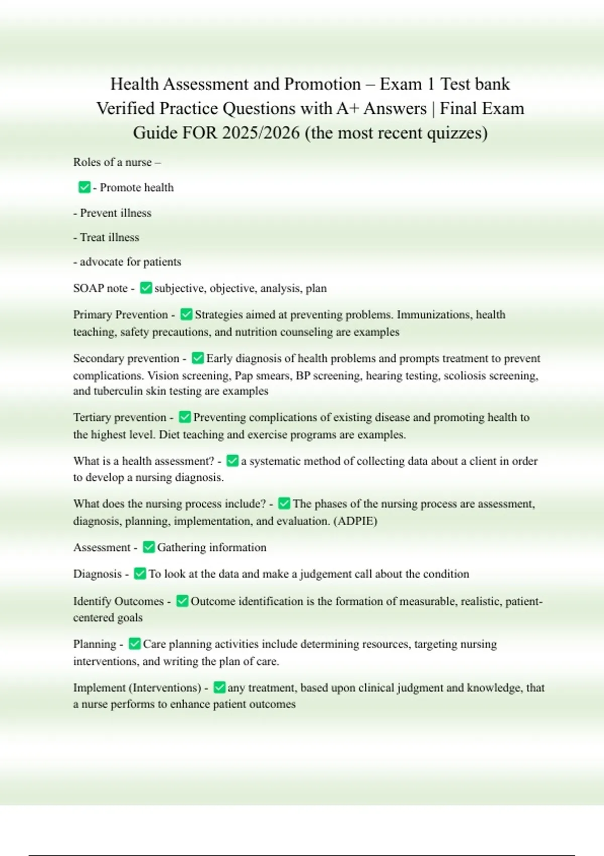 Promotion Test Sample Health Assessment and Promotion – Exam 1 Test bank Verified Practice ...