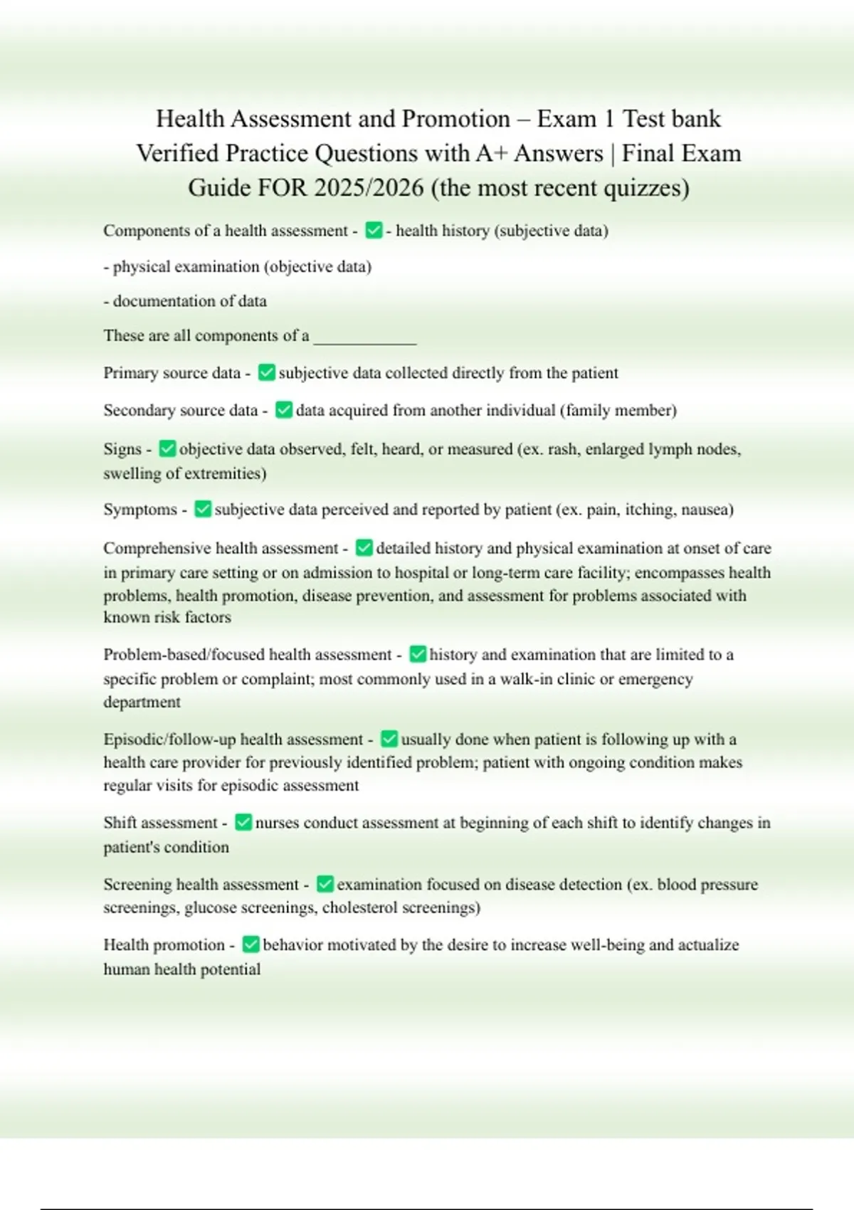 Health Assessment and Promotion – Exam 1 Test bank Verified Practice ...