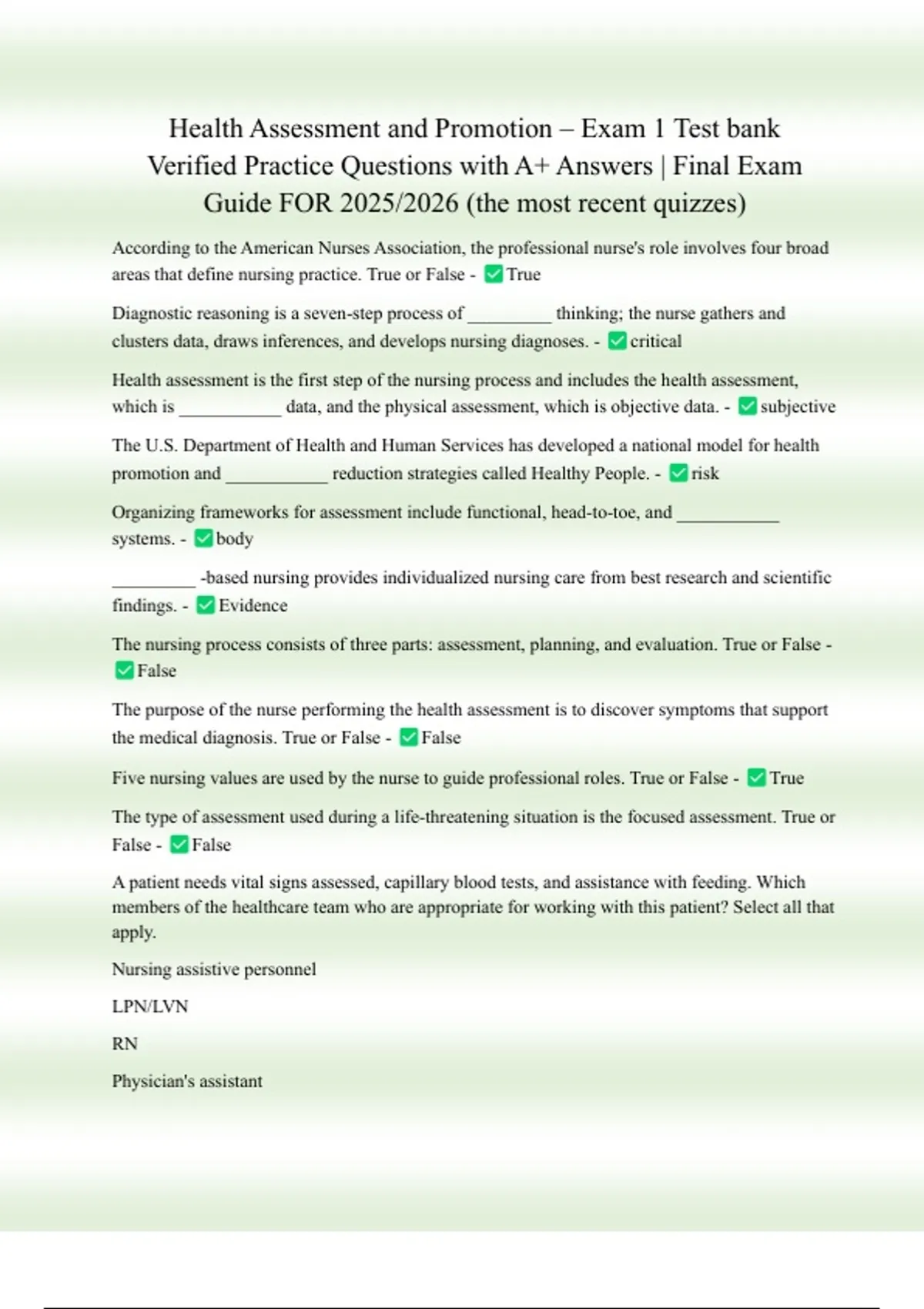 Health Assessment and Promotion – Exam 1 Test bank Verified Practice ...