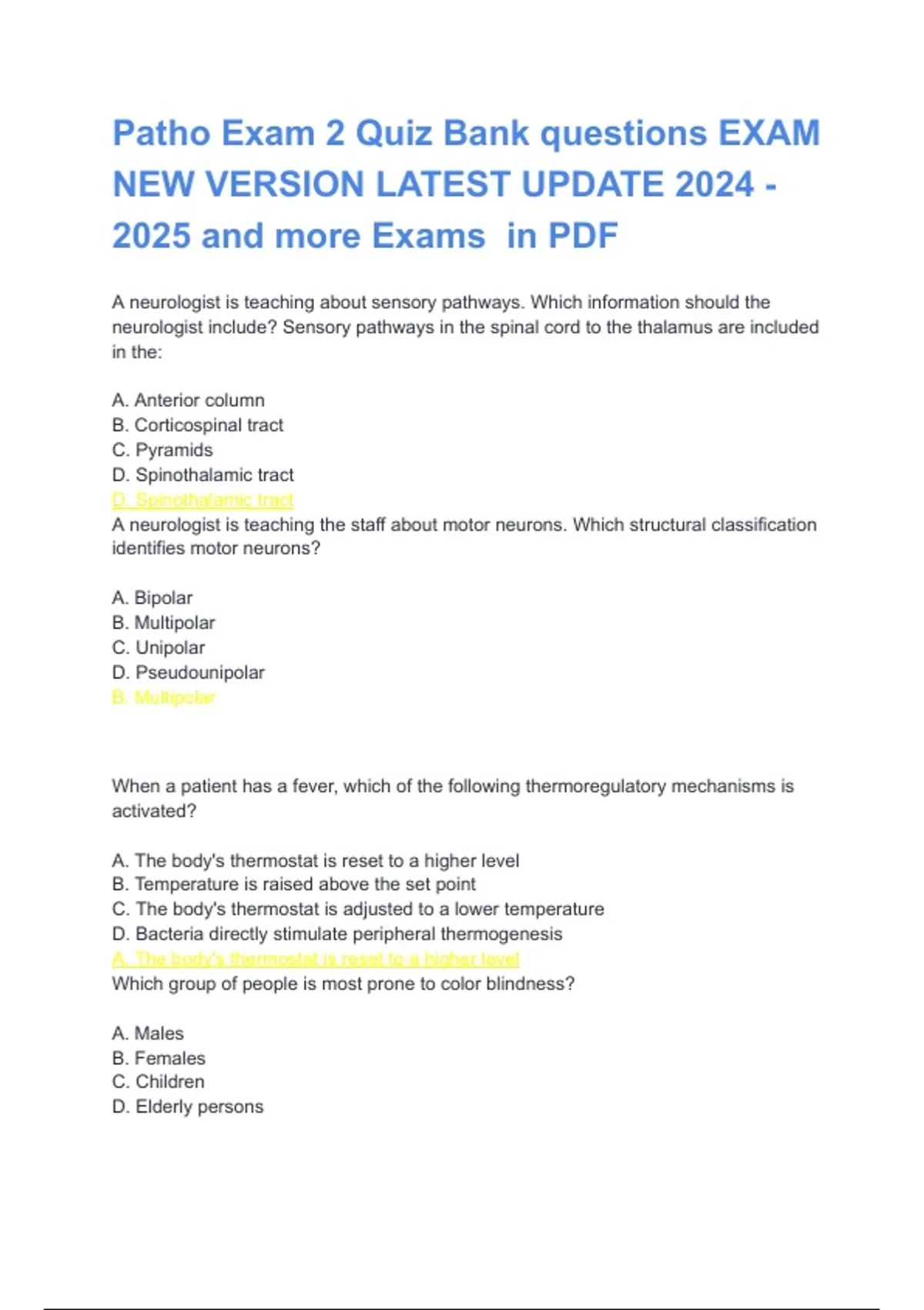 Patho Exam 2 2025/2026 – Complete Questions with Answers and Detailed ...