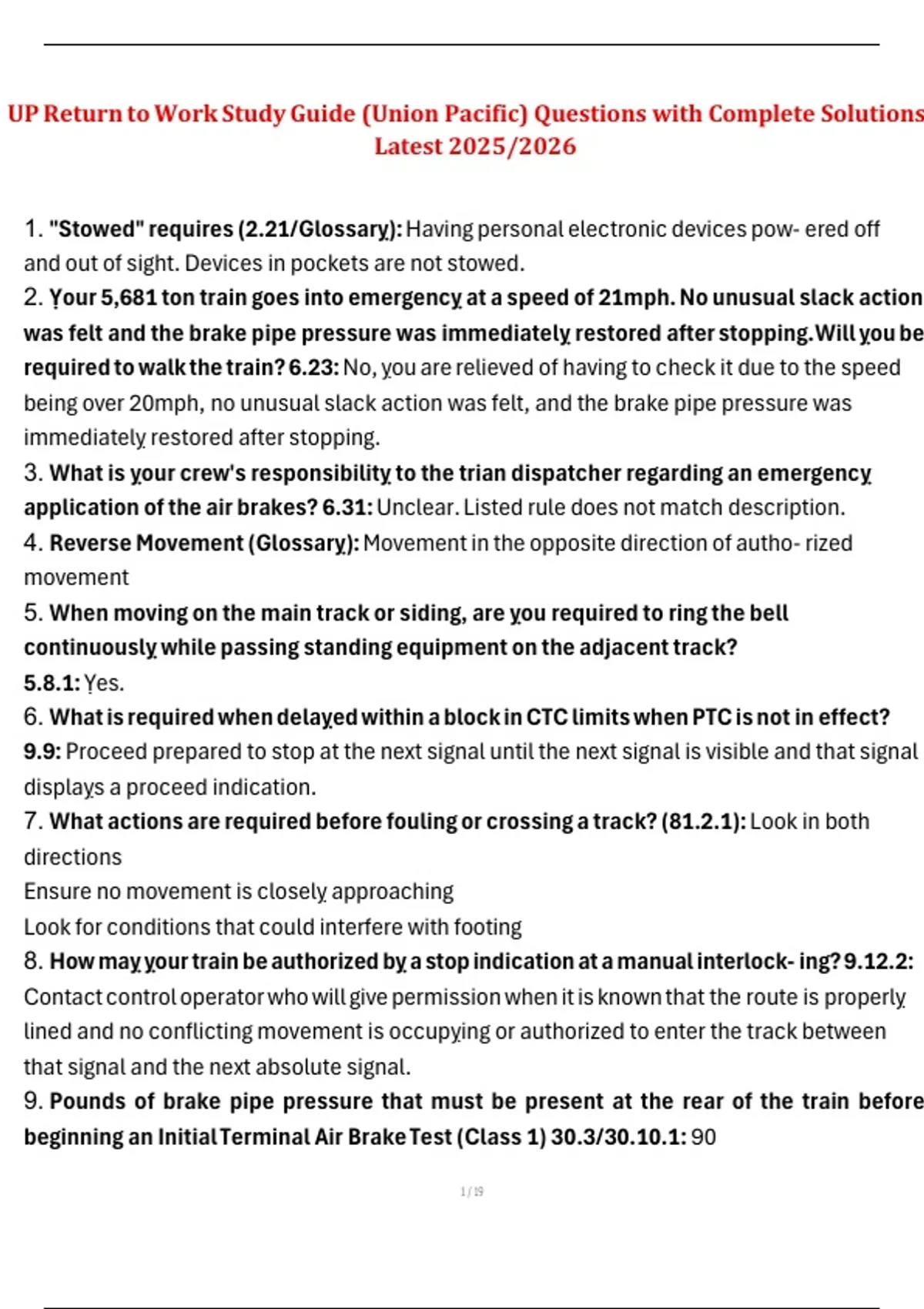 Union Pacific (UP) Return to Work Study Guide - Questions with Complete ...