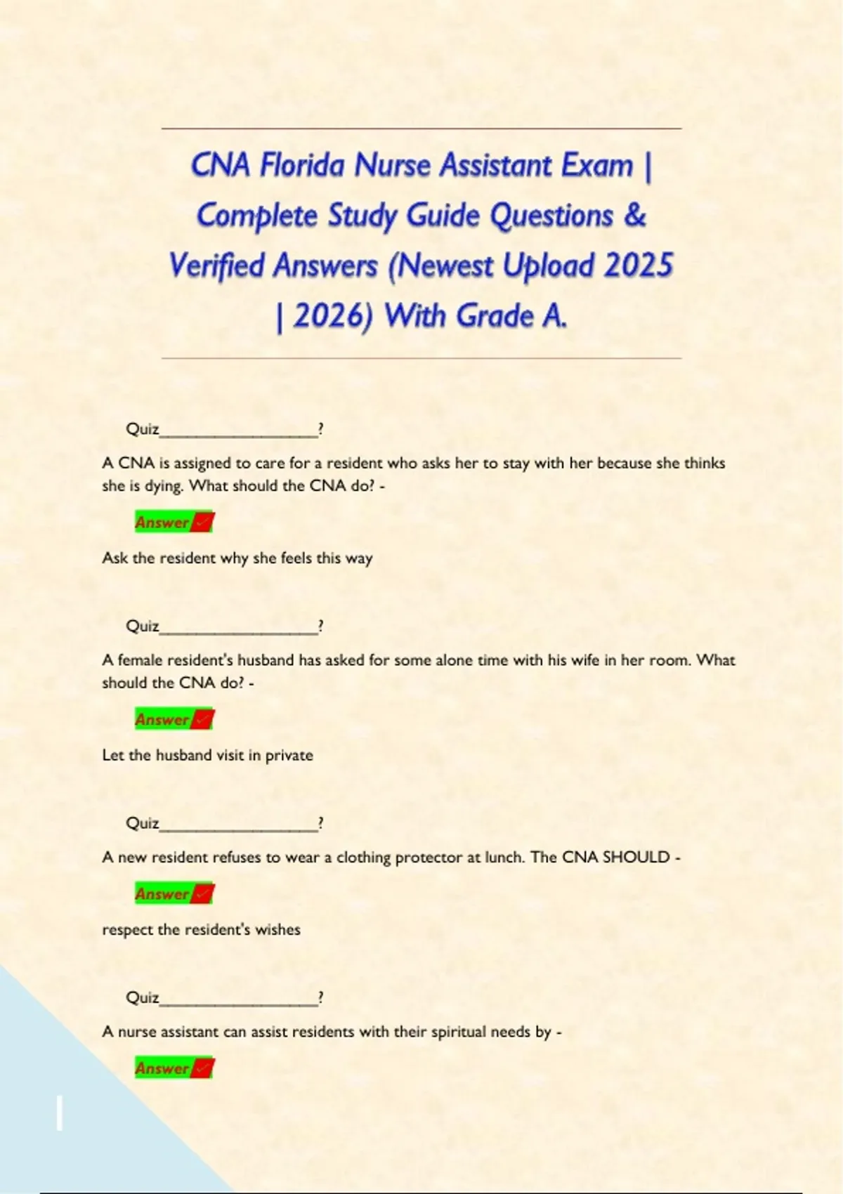 CNA Florida Nurse Assistant Exam | Complete Study Guide Questions ...