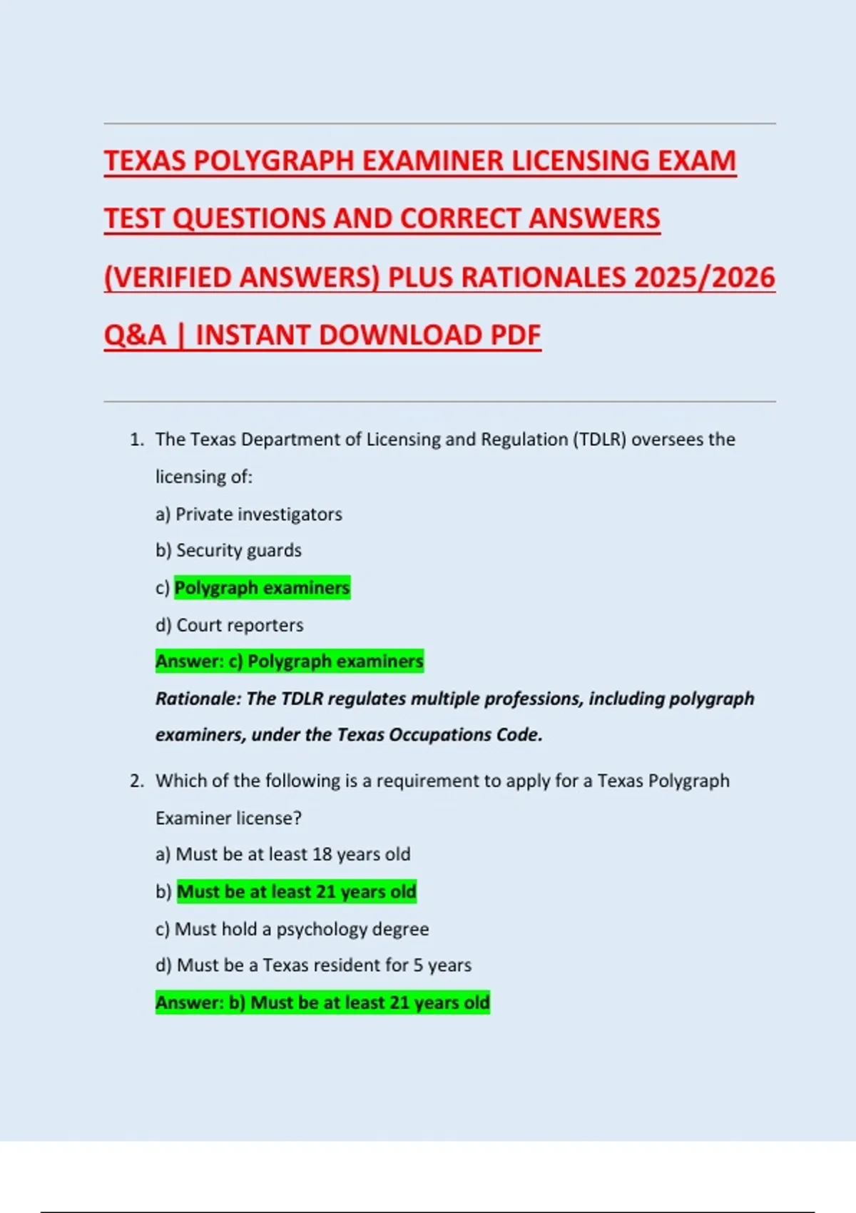 TEXAS POLYGRAPH EXAMINER LICENSING EXAM TEST QUESTIONS AND CORRECT ...