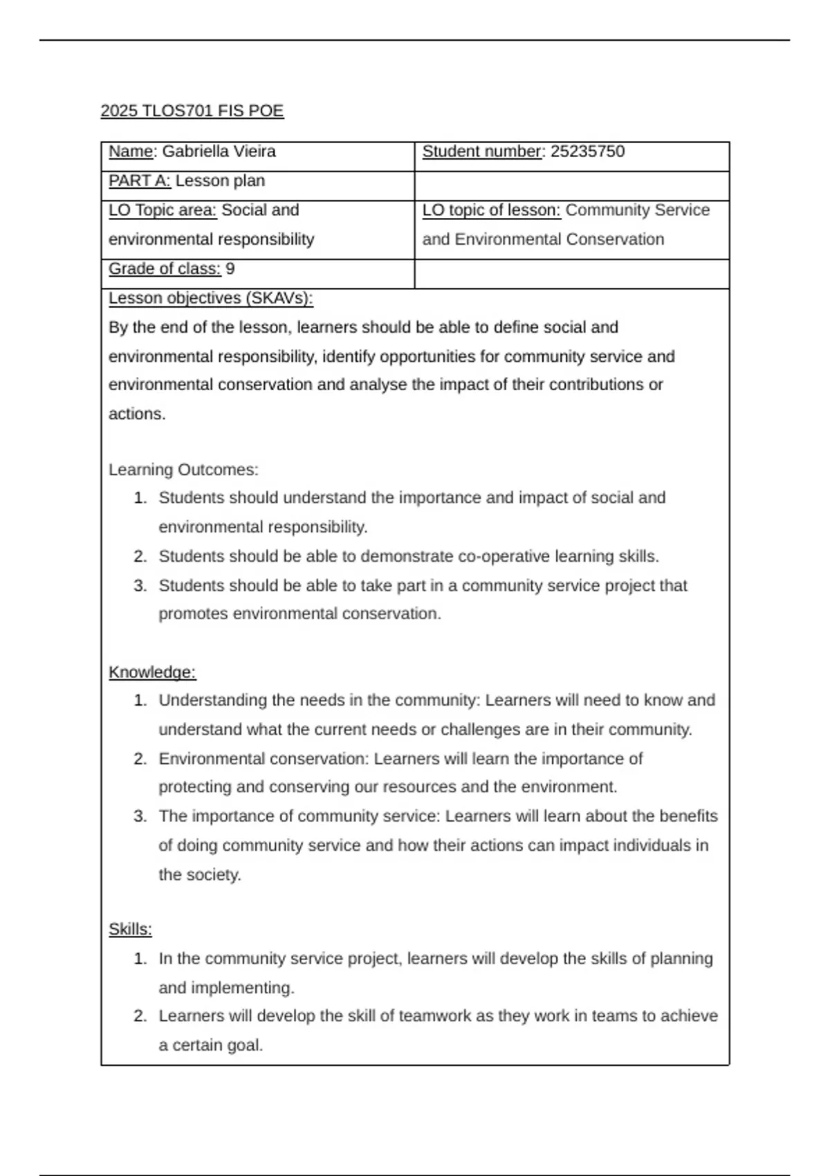Lesson plan on Social and environmental responsibility - TLOS701 ...