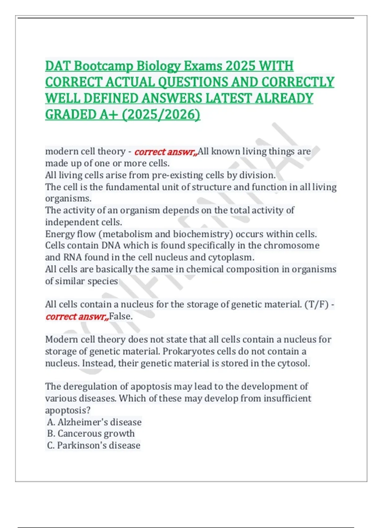DAT Bootcamp Biology Exams 2025 WITH CORRECT ACTUAL QUESTIONS AND ...