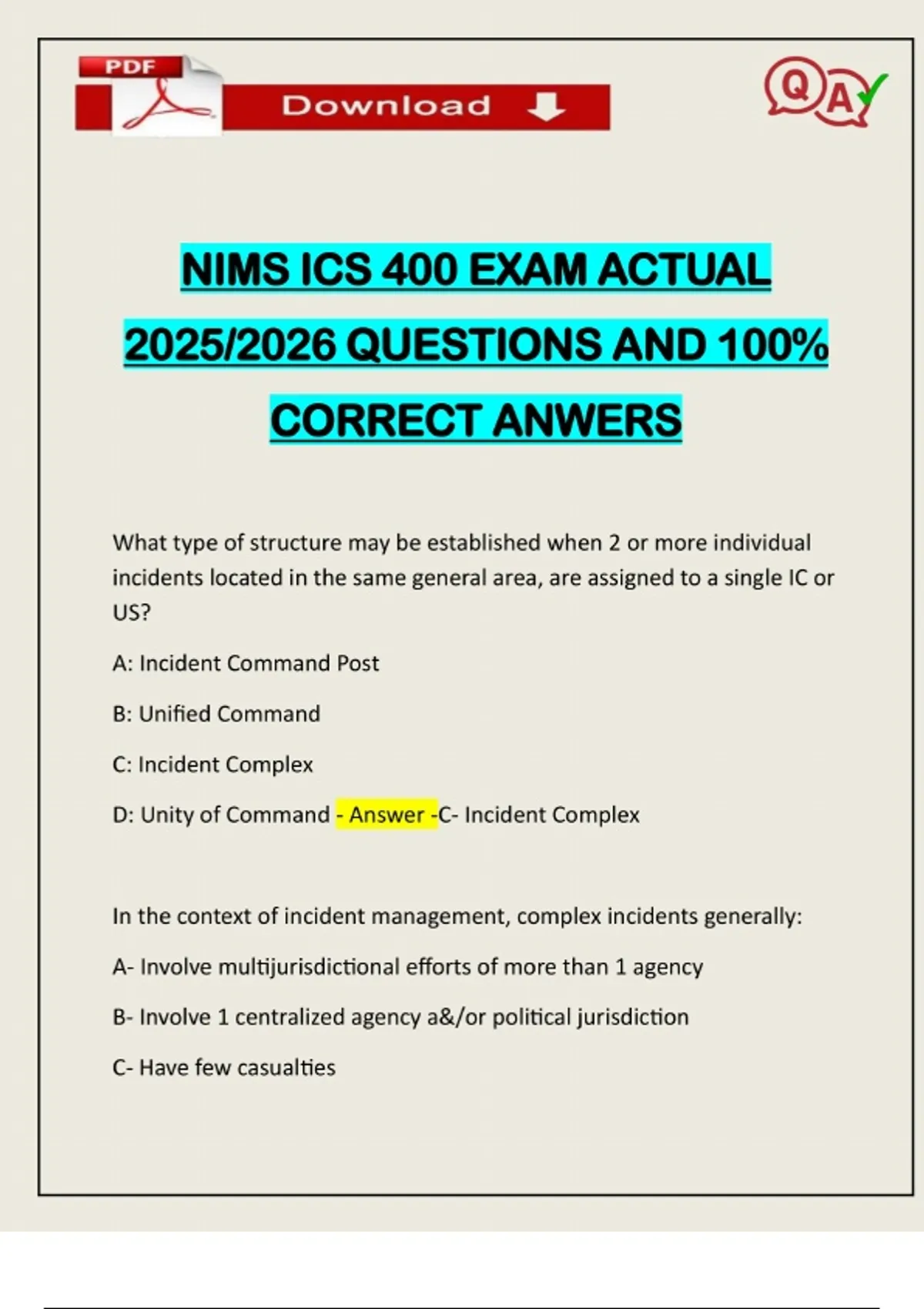 NIMS ICS 400 EXAM ACTUAL 2025/2026 QUESTIONS AND 100% CORRECT ANWERS ...