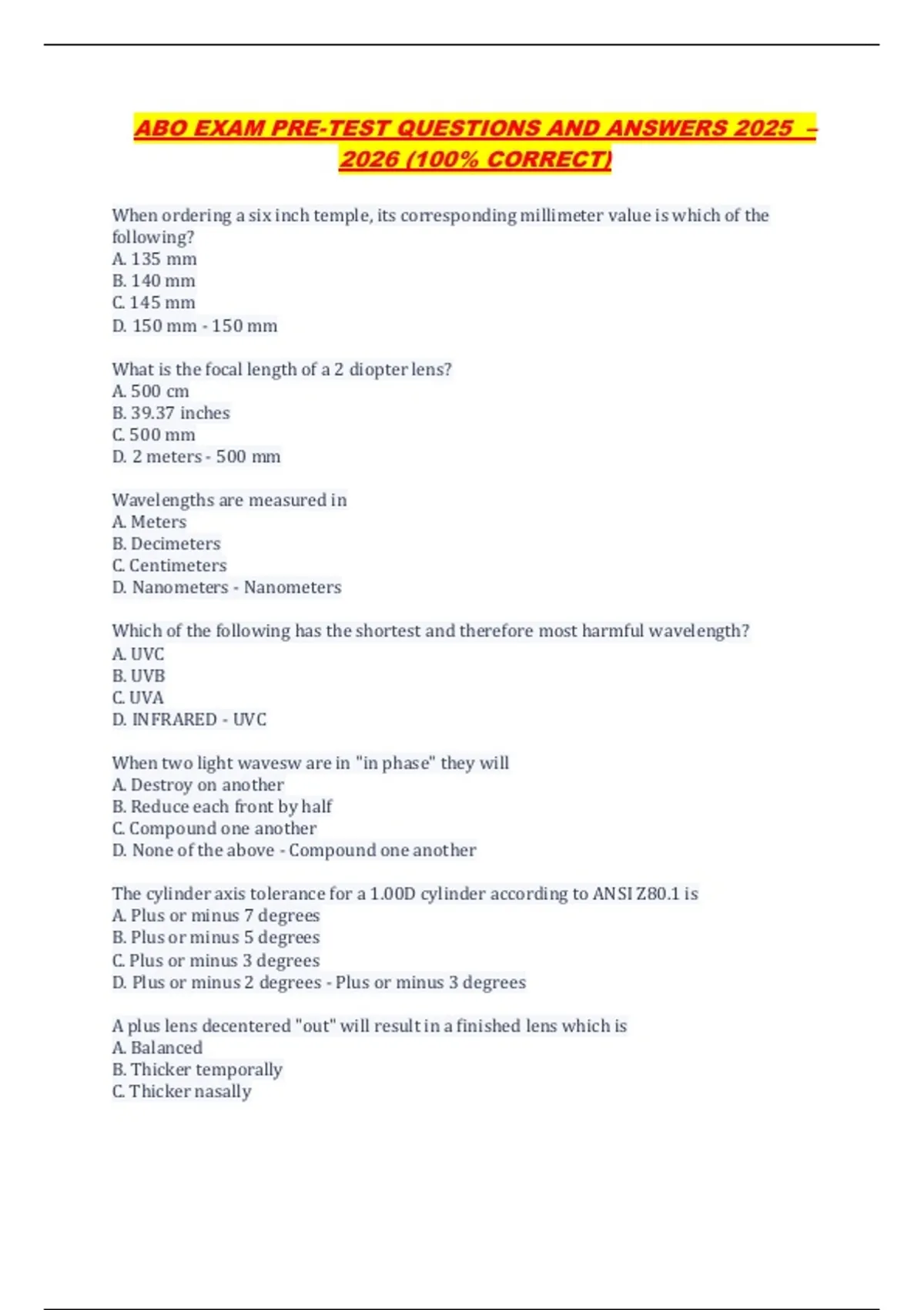 ABO EXAM PRE-TEST QUESTIONS AND ANSWERS 2025 – 2026 (100% CORRECT ...