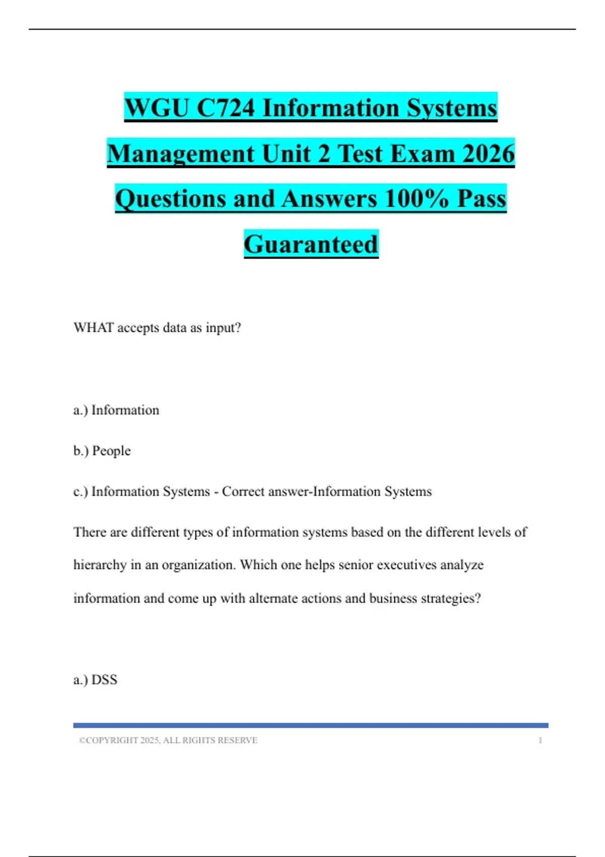 WGU C724 Information Systems Management Unit 2 Test Exam 2026 Questions ...