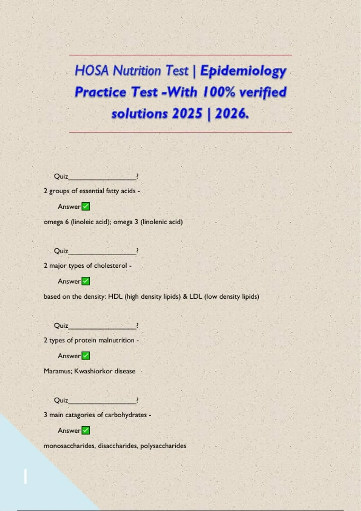 HOSA Nutrition Test Epidemiology Practice Test With 100 verified